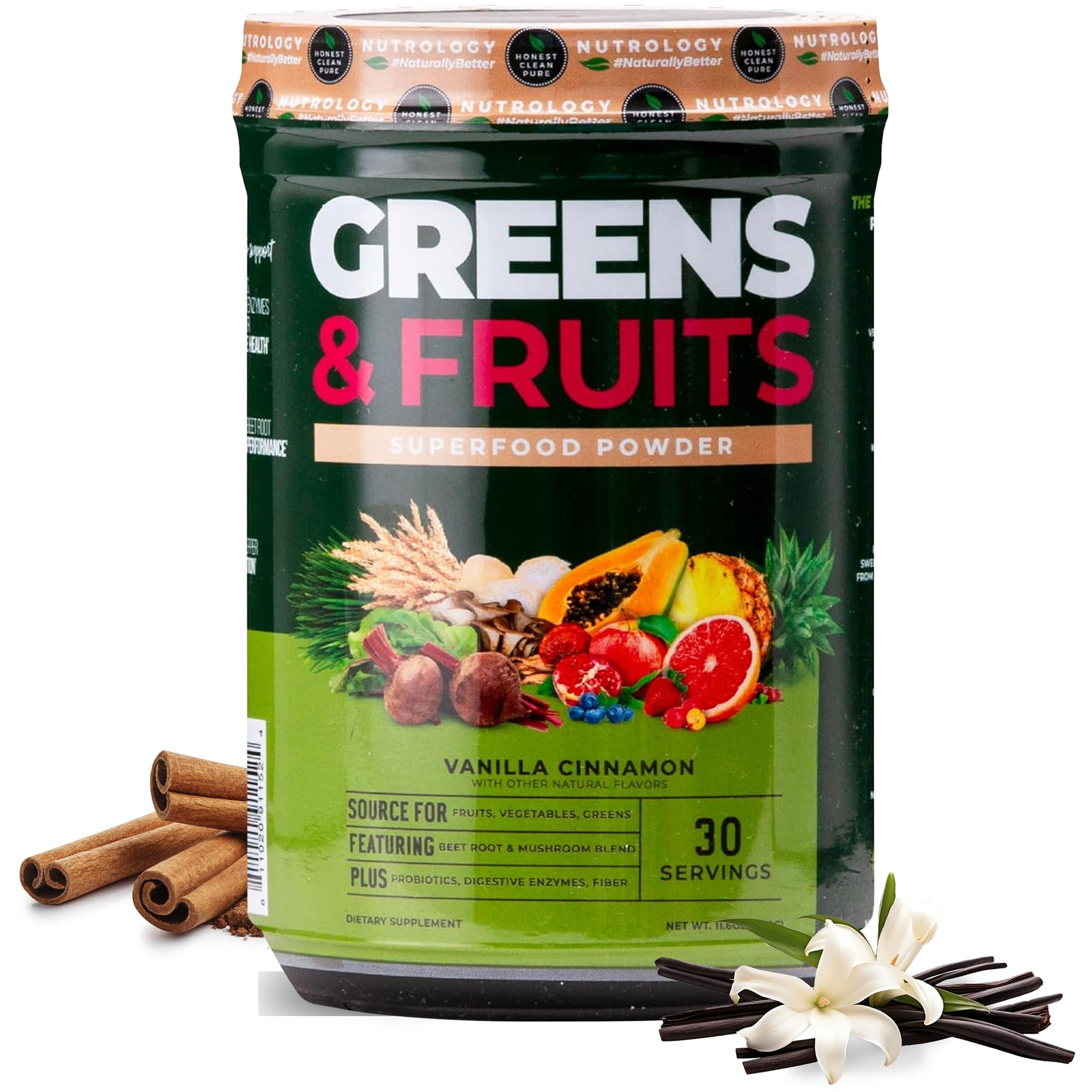 Nutrology Greens & Fruits-Naturally Sourced Fruits, Vegetables, Greens, Beet Powder & Mushroom Blend - Probiotics, Digestive Enzymes, Fiber, Antioxidants, Immune Support - Vanilla Cinnamon-30 Servings