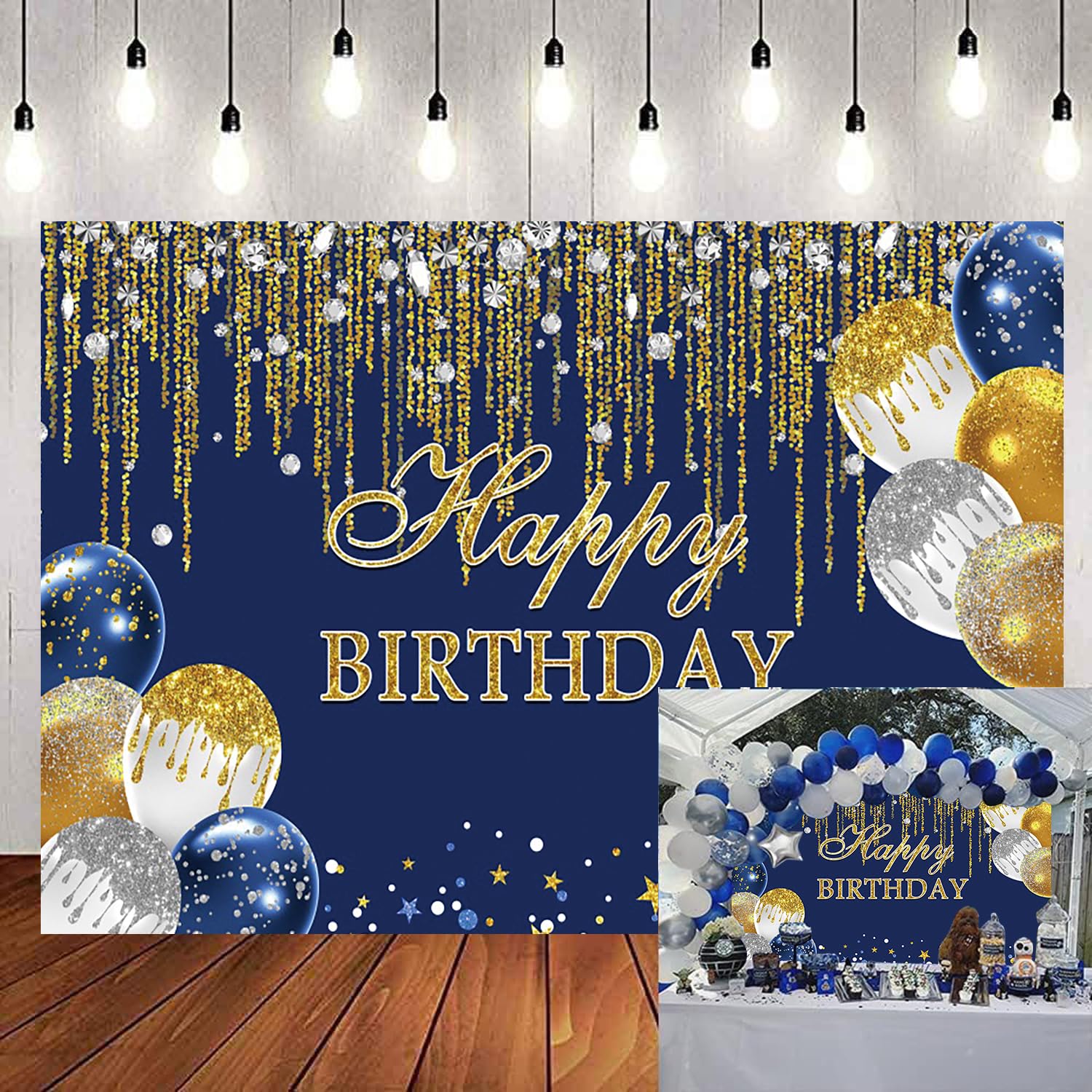 3,6 x 3 m blauer und goldener Happy Birthday-Hintergrund, Glitzer, goldene, silberne Punkte, Diamanten, Luftballons, Geburtstag, Fotografie, Hintergrund, Jungen, Männer, Geburtstagsparty
