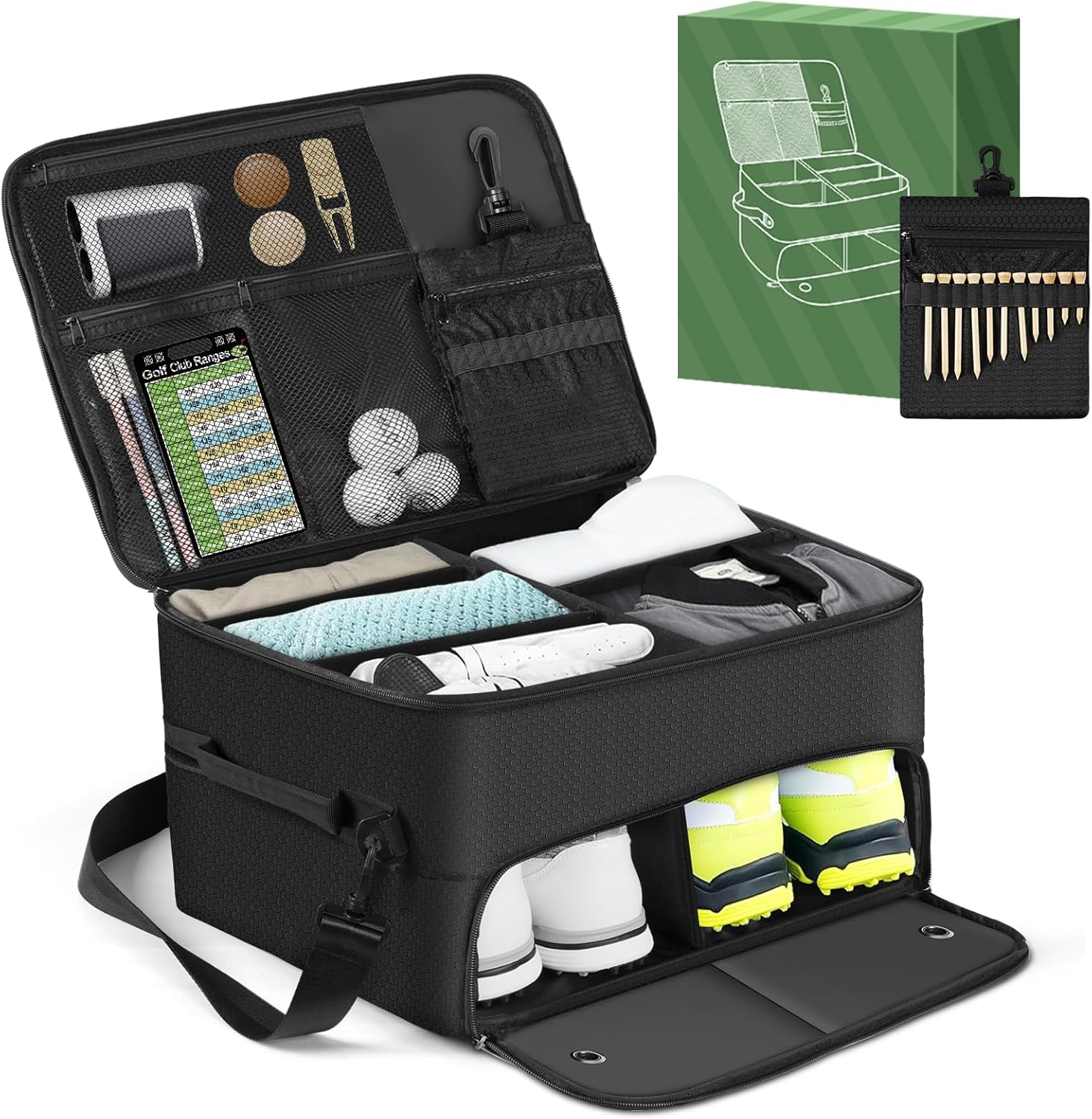 Golf Trunk Organizer for Car SUV with Shoe Compartment & Divider | 2-Layer Golf Storage Bag for Balls, Tees, Accessories | Waterproof Golf Locker Gift for Men, Dad, Golfers