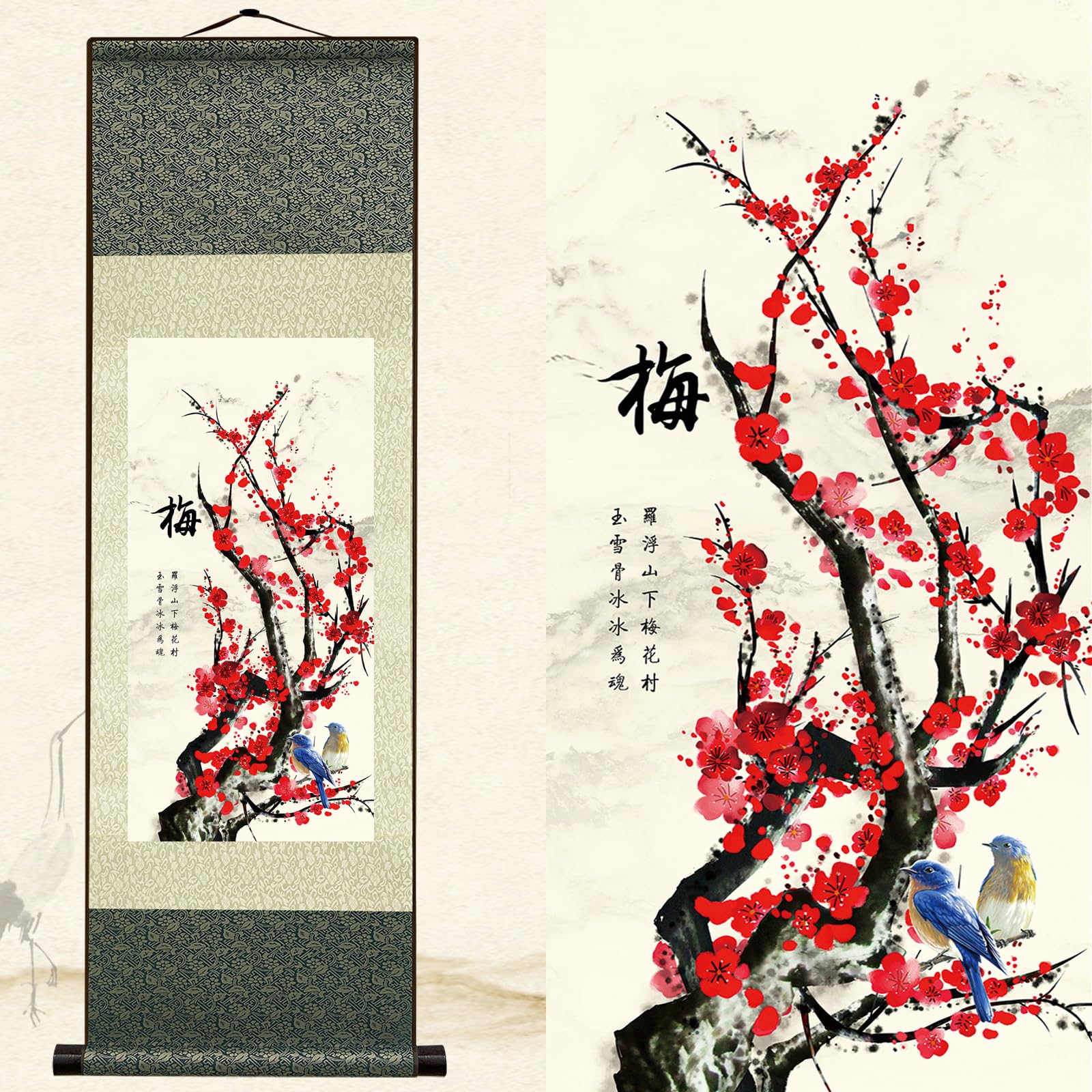 Arte de pared asiático para sala de estar con elegante diseño de pergamino de seda vertical 8