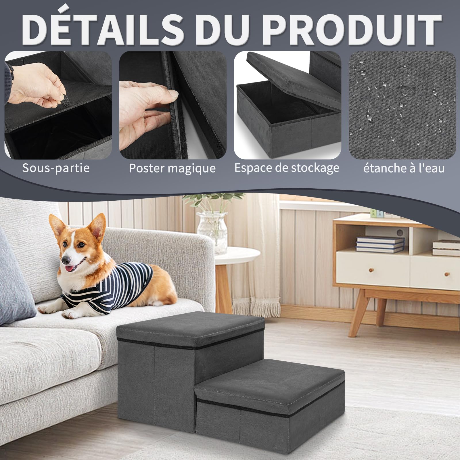 OUUTMEE Escalier pour Chien, Escalier pour Animaux avec Rangement Intégré, Escalier Chien Pliable Antidérapante pour Chiots, Chats Petits/Moyens et Animaux Agés, Lit et Sofa (Gris) (2 Marches)