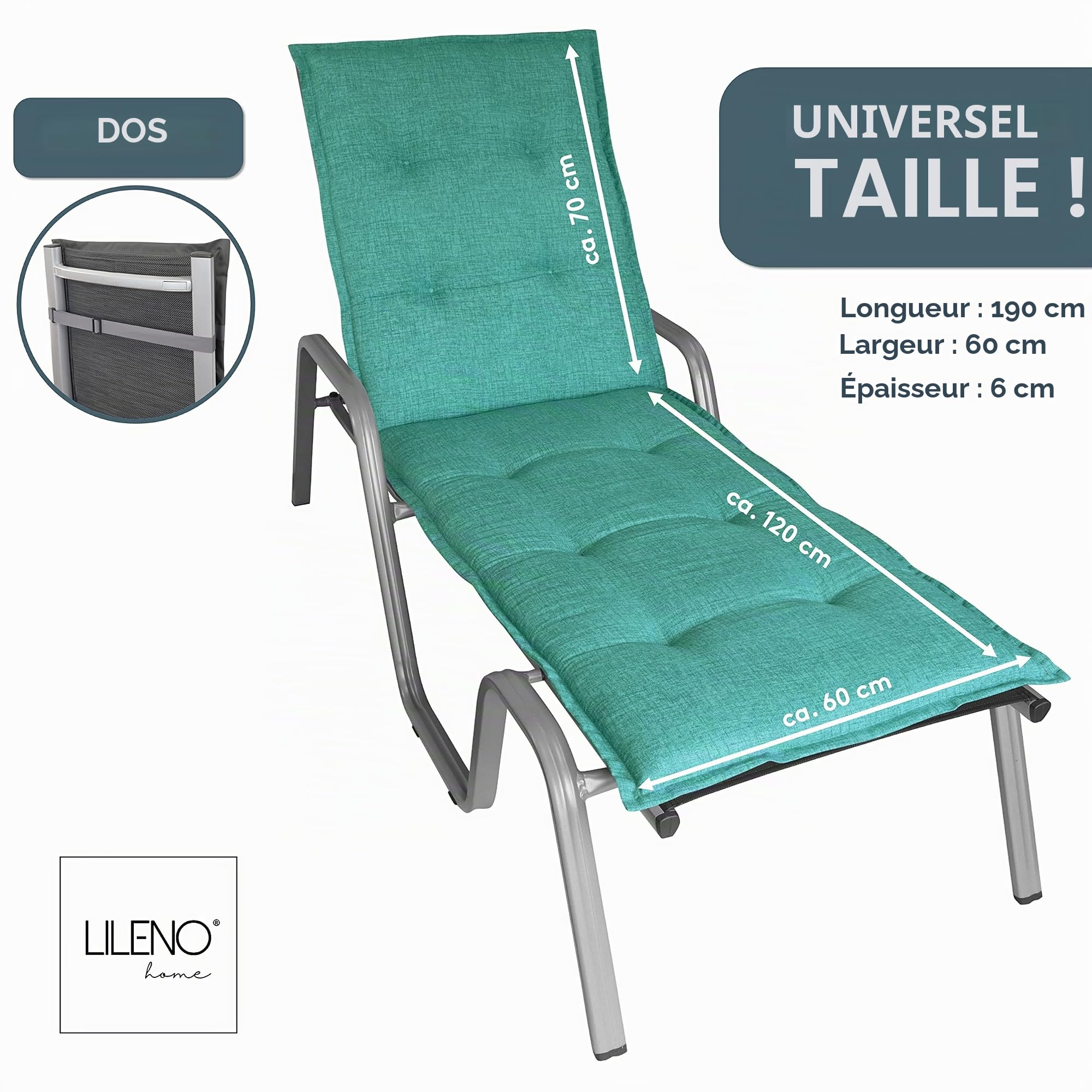 LILENO HOME Coussin pour chaise longue en [lot de 1 - Chaise longue à roulettes] en Turquoise - Coussin pour chaise longue de jardin parfait pour la plage - Coussin pour chaise longue de jardin