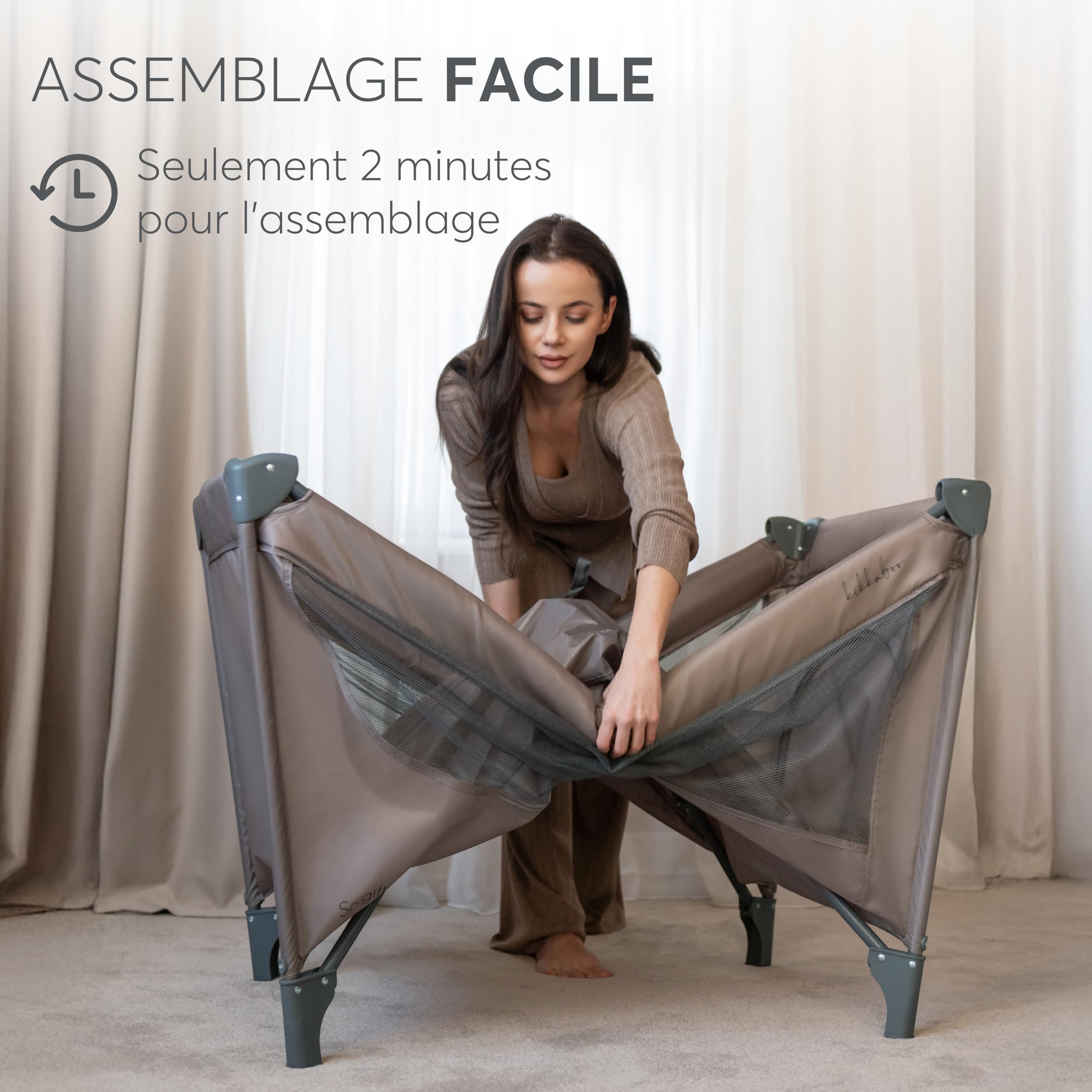 KikkaBoo Lit Parapluie Bébé Pliable Compact So Gifted, Lit de Voyage Léger 120x60 cm, Jusqu’à 15 kg, sans Matelas, Sac de Transport Inclus, Beige Foncé, Cot
