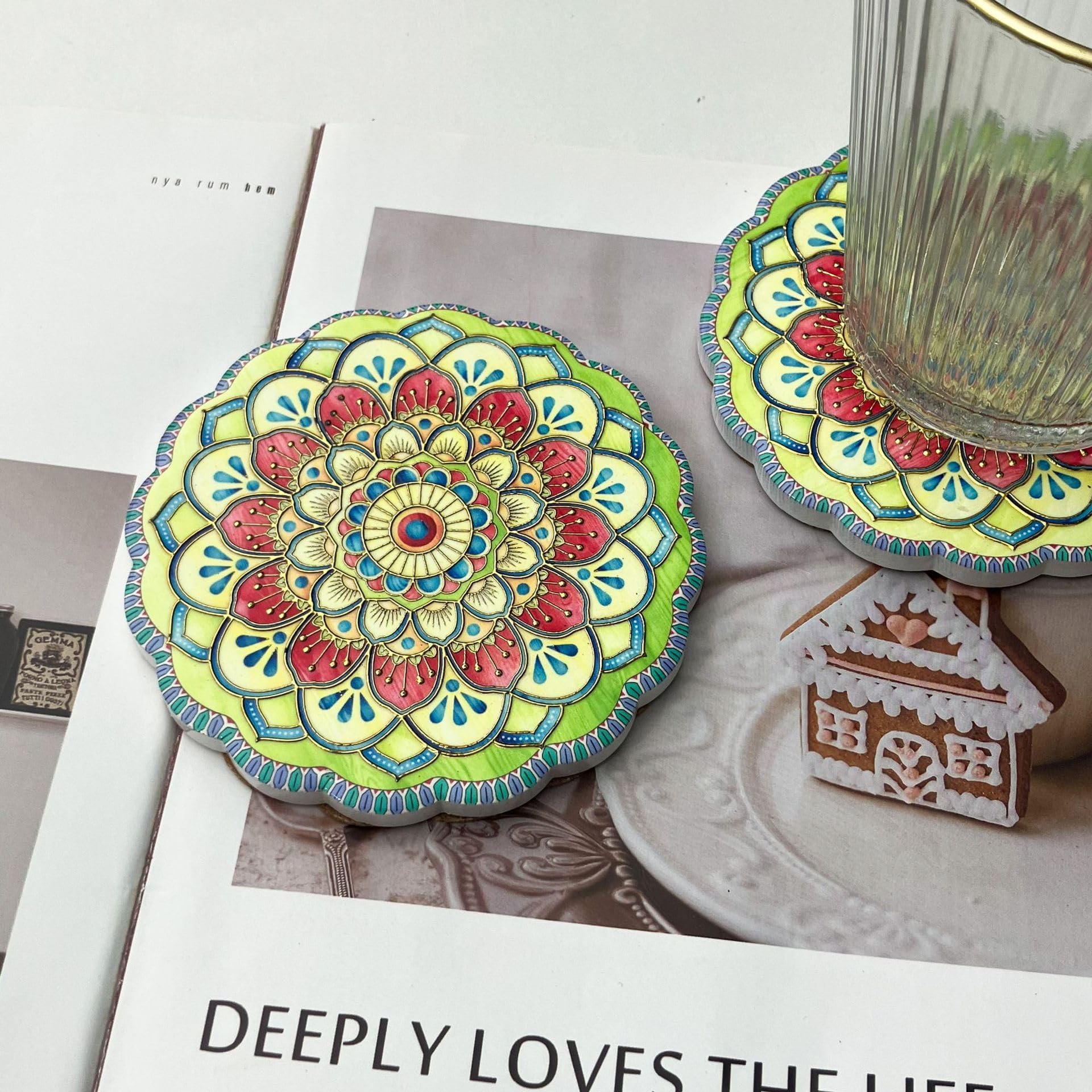 Mandala Coasters for Drinks, Absorbent Ceramic Stone Coasters, Colorful Cup Mat for Coffee, Tea, Beer, Bar, Kitchen, Home Decor