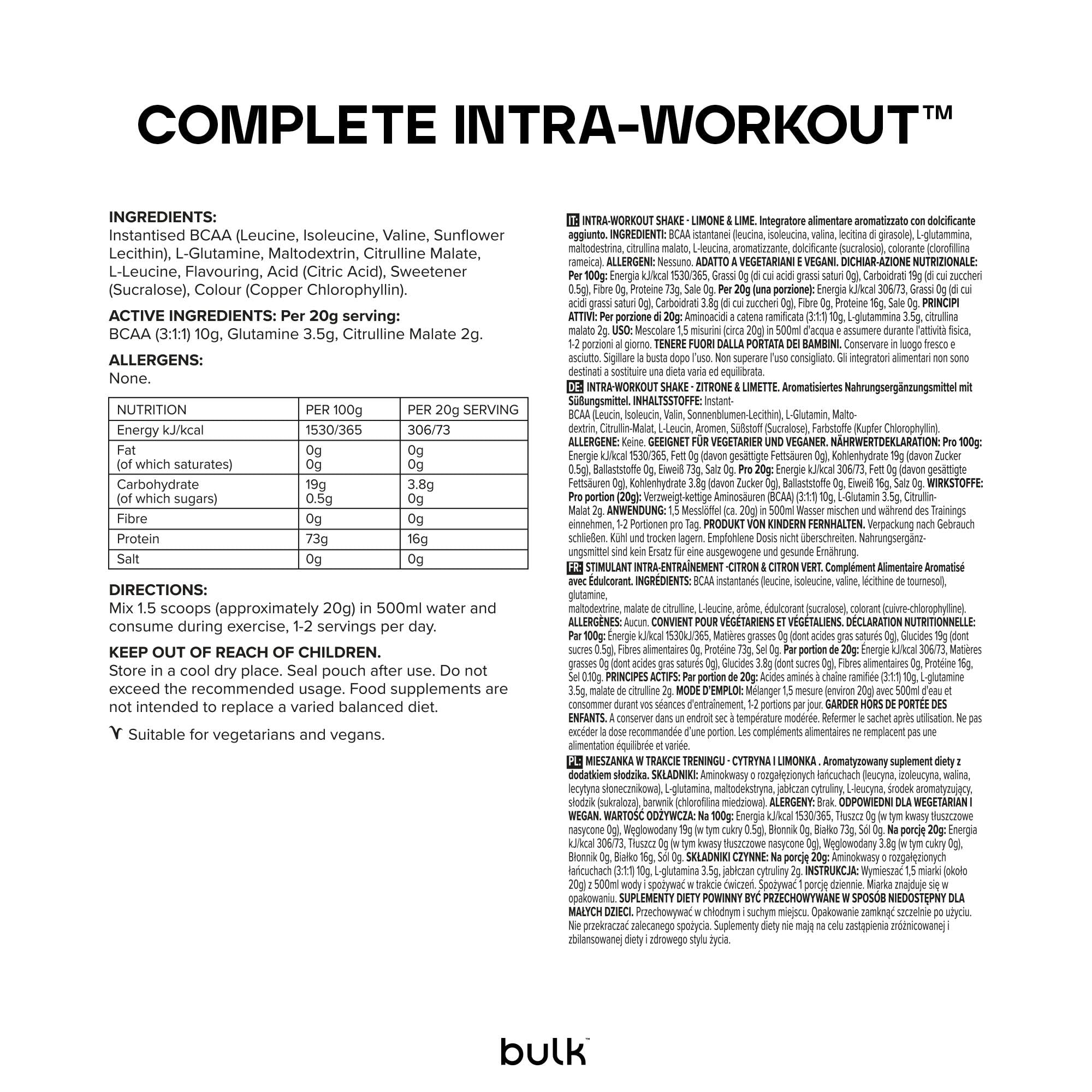 Bulk Complete Intra-Workout, BCAA, Lemon and Lime, 500 g, Packaging May Vary, Limone & Lime, 25 Porzioni