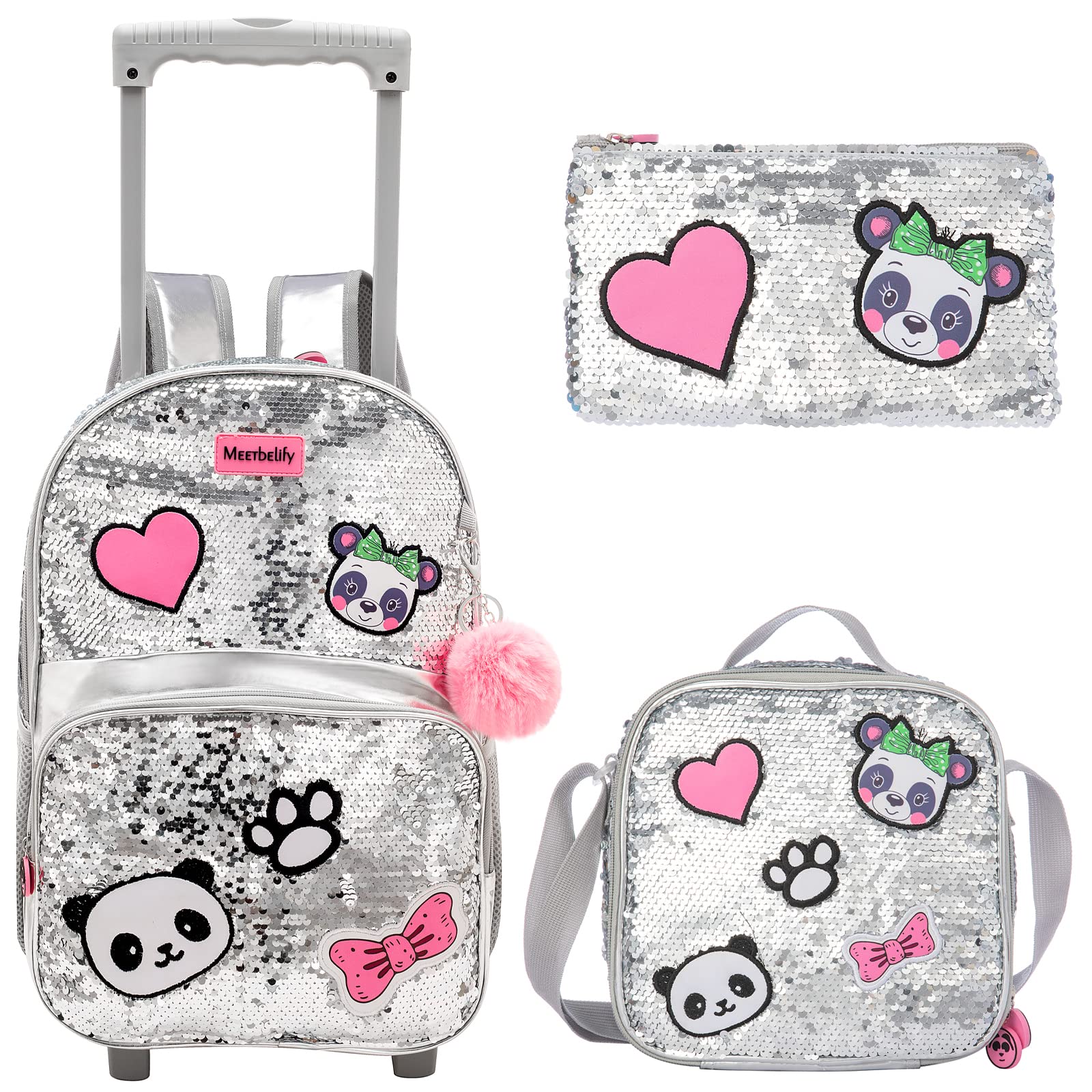 Egchescebo School Kids Rolling Backpack With Wheels Trolley Wheeled Backpacks for Girls Travel Bags 3PCS Panda Girls Backpack With Lunch Box Kids Rolling Suitcase Silver