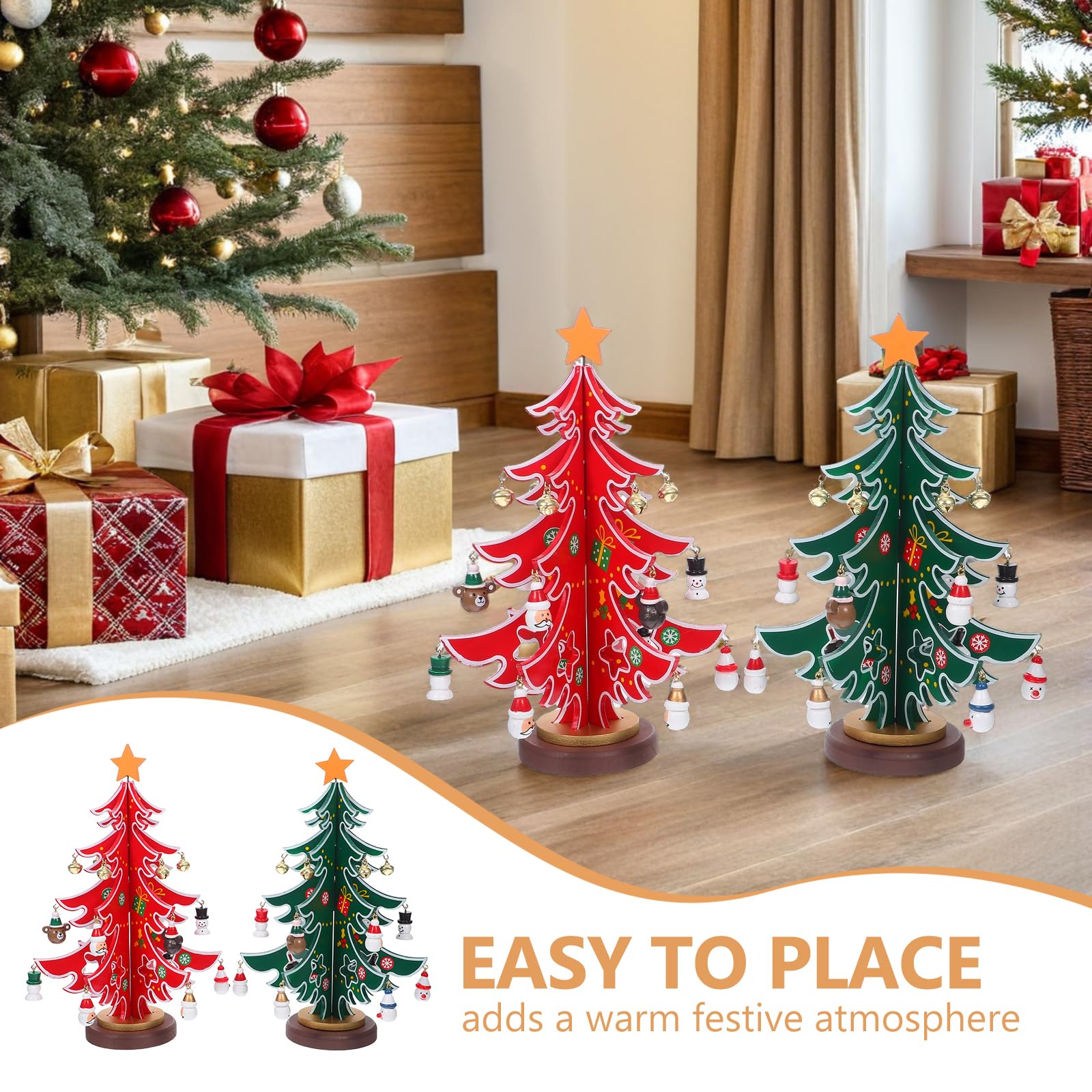 2pezzi Albero di Natale in Legno Mini con Ornamenti Appesi Decorazioni da Tavolo per Feste Alberi di Natale in Miniatura Artigianali