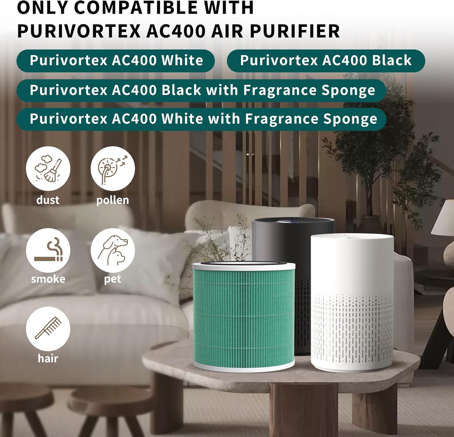 AC400 Replacement Filter Compatible with Purivortex AC400 Air Cleaner Purifier, 3-in-1 Main Filters and Activated Carbon Filter, Green 4 Packs - Image 2