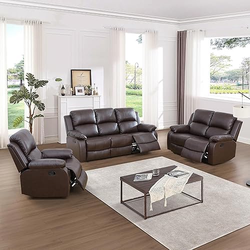 Manual Recliner Sofa Set Faux Leather Living Room Furniture 3 Seater Reclining Sofa, Recliner Couch and Chair for Samll Living Room Home (3 Piece Living Room Set, Brown)