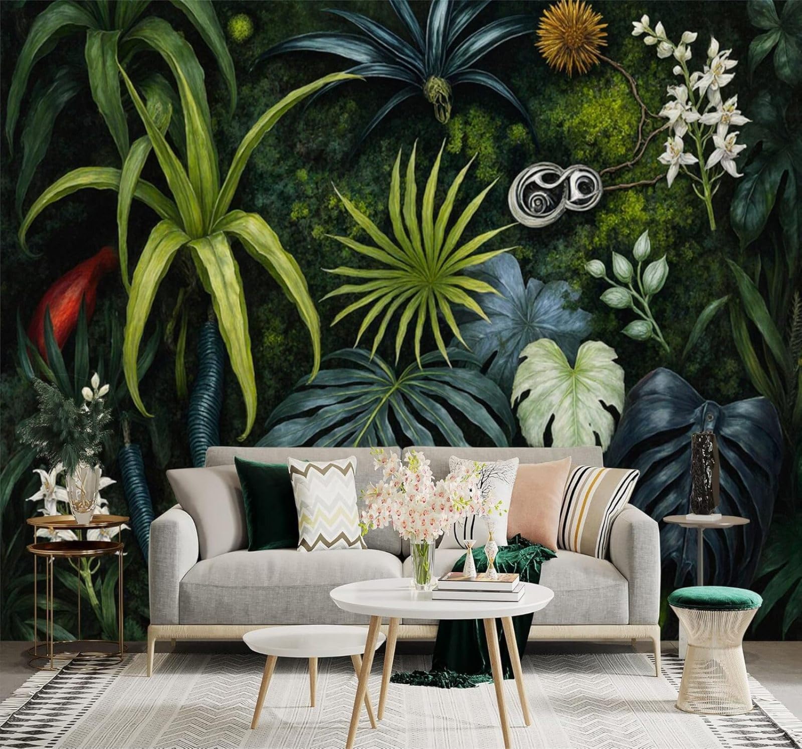XLMING Fresh Minimalist Tropical Jungle Plants Green Leaves 3D Wallpaper Silky Texture Home Study Office Grey Dining Room Sofa Bedroom Living Room TV Backdrop-400cm×280cm
