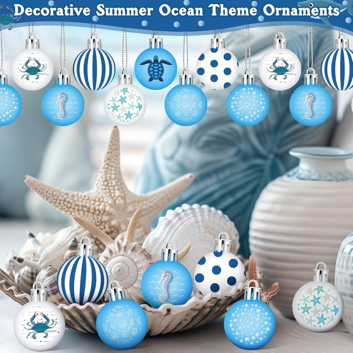 Civaner 24 Pcs 1.57 Inch Beach Ocean Christmas Tree Ornament Christmas Coastal Tree Xmas Starfish Seashell Ornament Nautical Decorative Hanging Ball Blue Winter Decoration for Xmas Holiday Party Suppy - Image 6