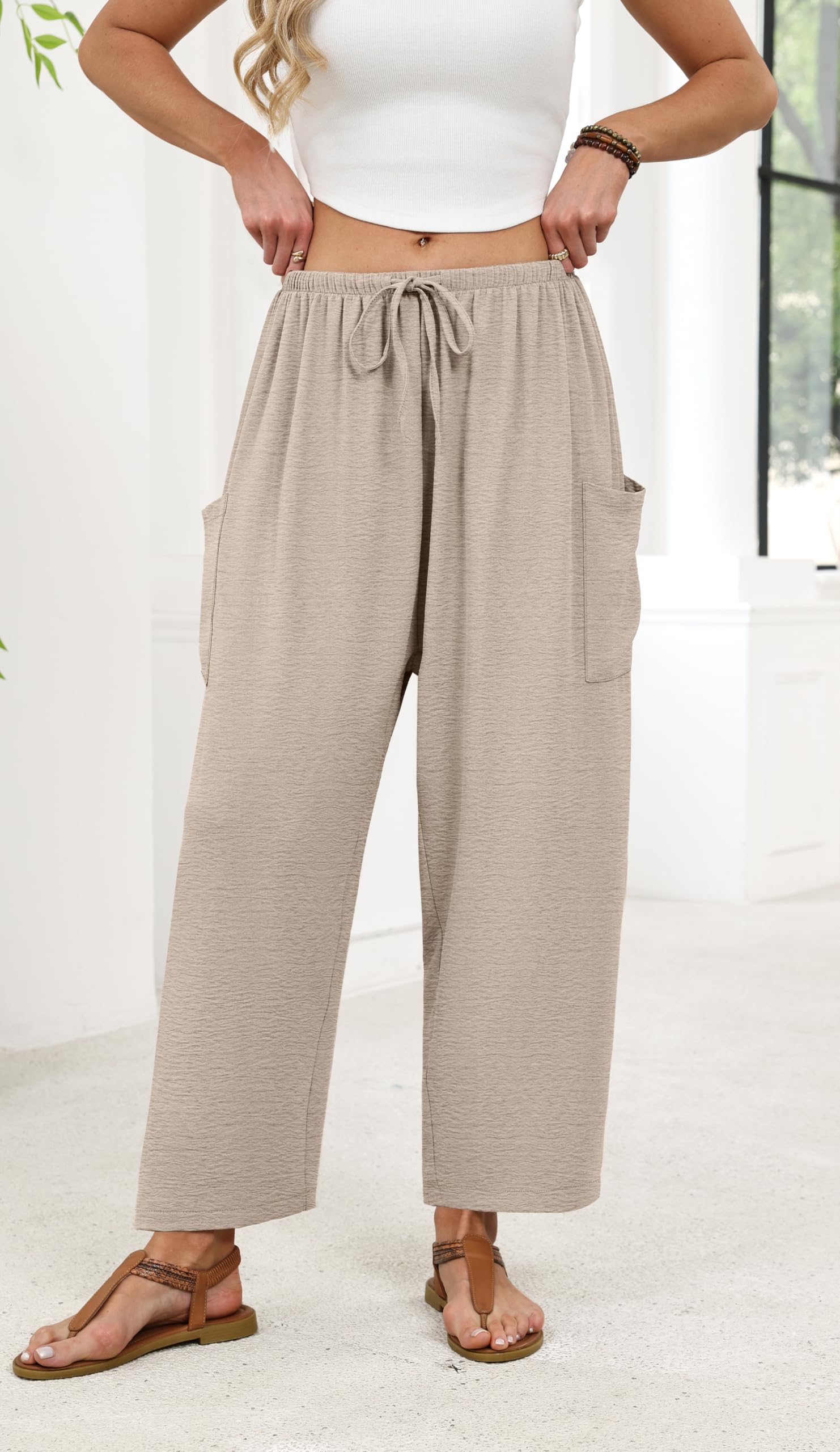 Sampeel Wide Leg Pants for Women Barrel Flowy Palazzo Elastic Waist Trousers with Pockets Summer Beach Vacation Outfits — view 4