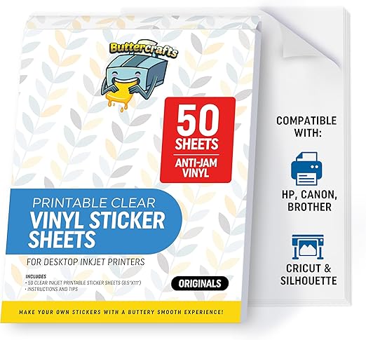 Clear Printable Vinyl for Inkjet Printer (Clear Sticker Paper | Waterproof | 50 Sheets) - Transparent Inkjet Printable Vinyl Sticker Paper Avoid Jams for Printers