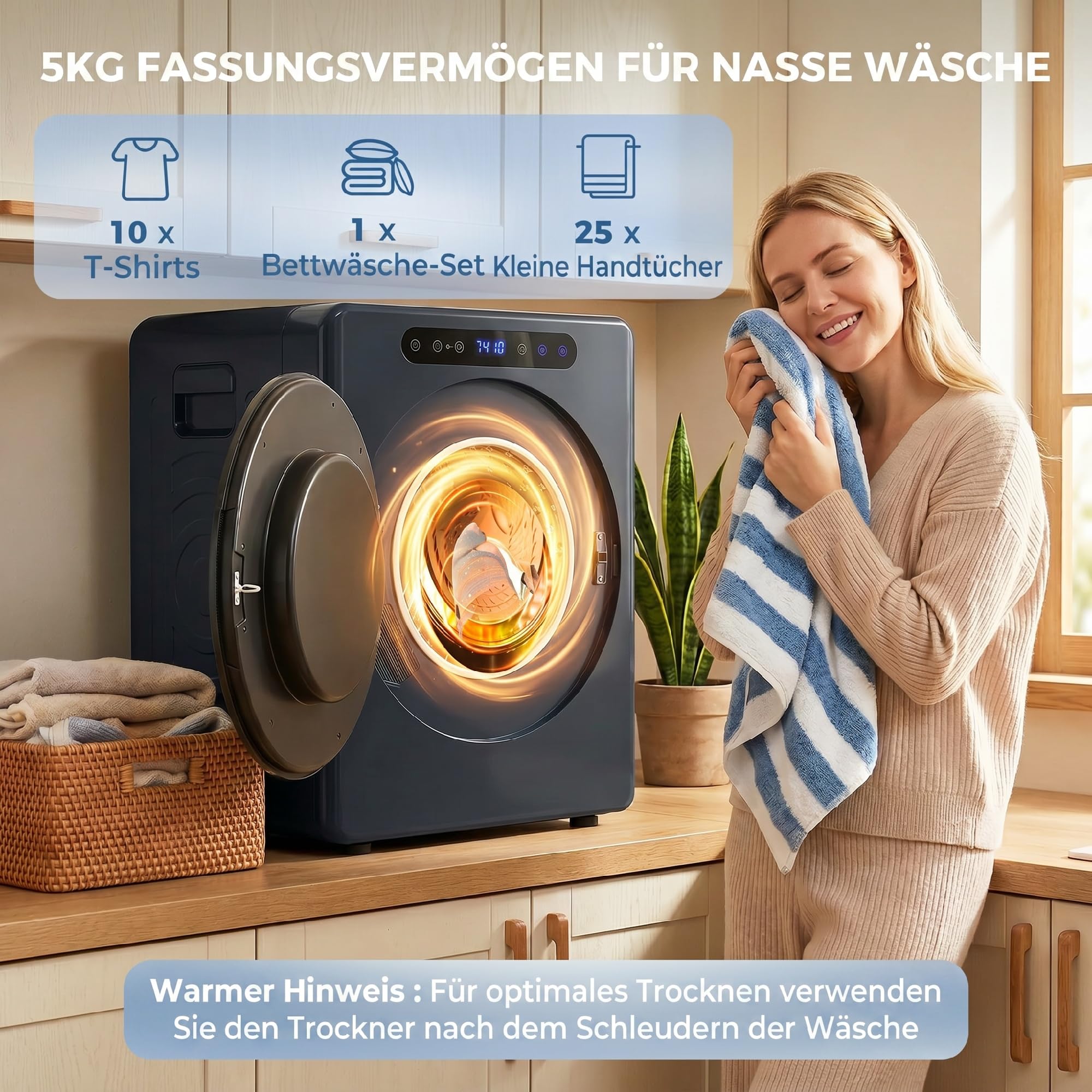 HOMCOM Mini asciugatrice di scarico 5 kg con sterilizzazione, 6 programmi fino a 60 ℃, 1000 W asciugatrice con touch screen tamburo in acciaio inox, timer, per camper, casa, blu