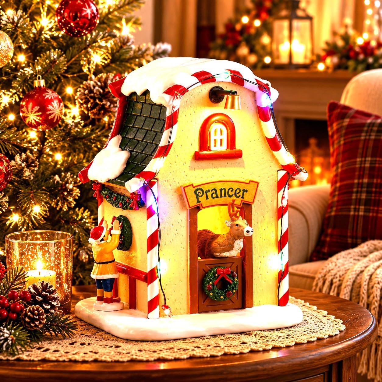 LEMAX Prancer's Den Tanière à Rennes avec lumières LED Prancer's Den en résine H12,5 x 9,6 x 8,5 cm