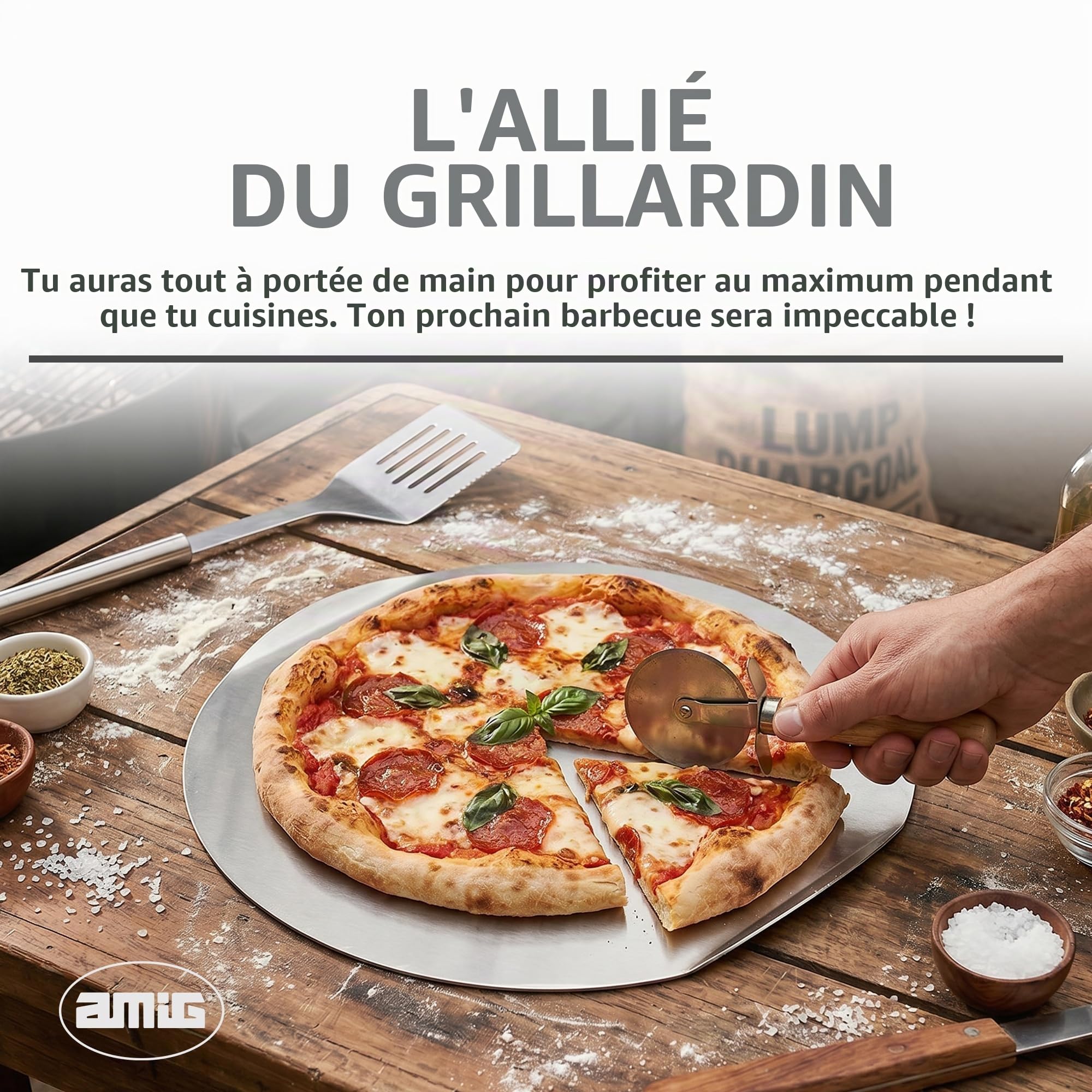 Amig – Kit pour pizza au barbecue – Pierre en cordiérite et plaque en aluminium – Diamètre de la pierre 33 cm – Diamètre de la plaque 31,5 cm – Compatible four et barbecue – Mod. AM27