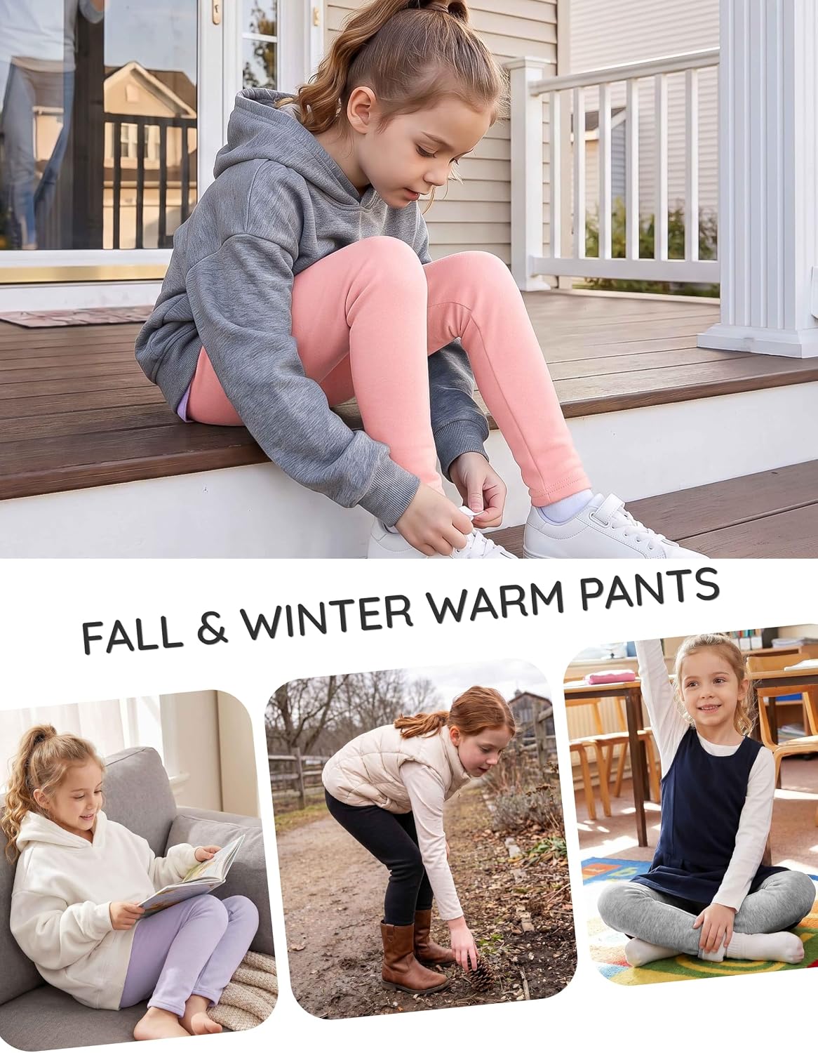 Girls Fleece Lined Leggings 5 Pack, Fall Winter Warm Full Length, 3-14Y image 5