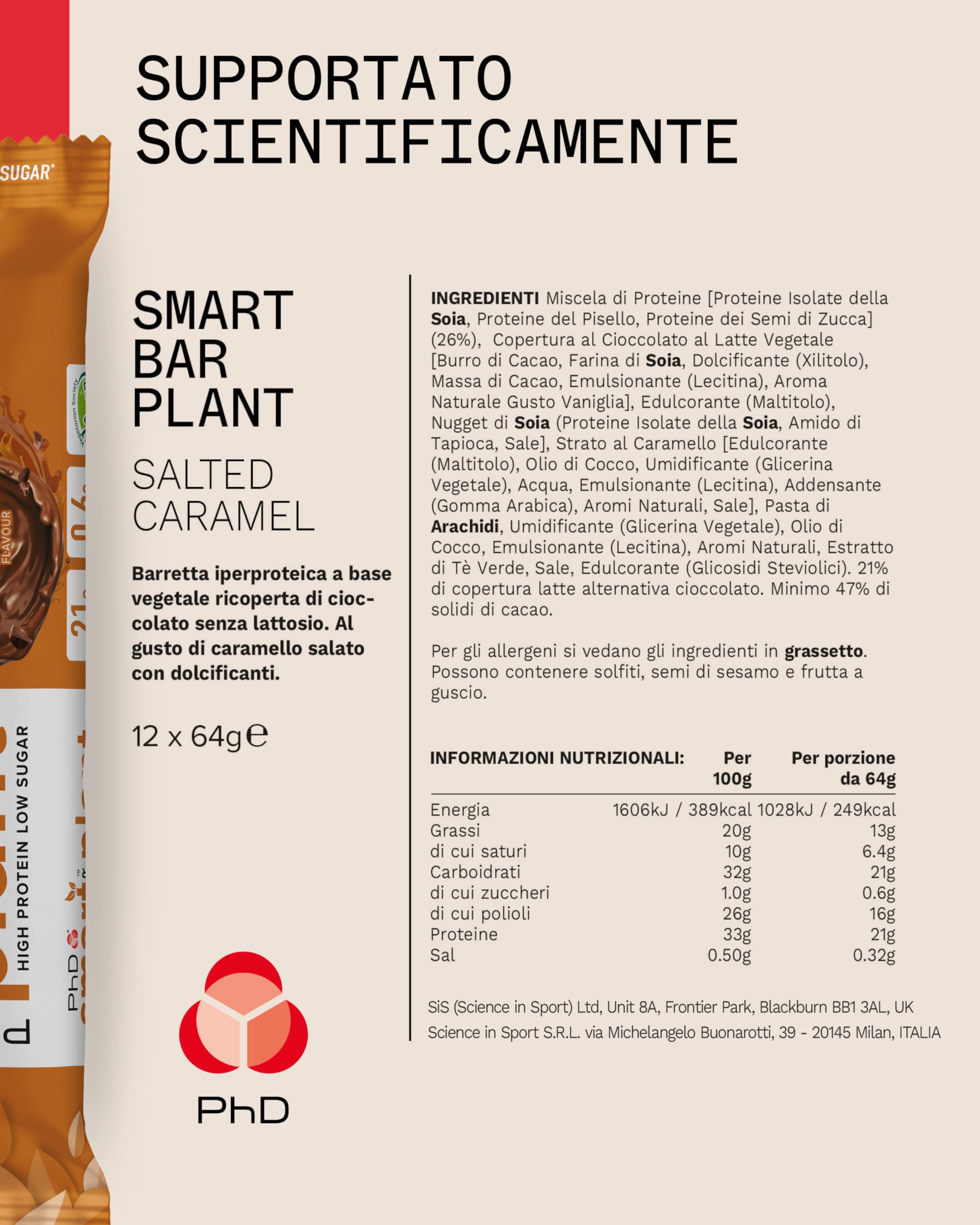PhD Nutrition Smart Bar Barretta proteica vegana 12x64g Caramello salato - Protein Bar con 21g di proteine e poco zucchero, Adatta per una dieta macro