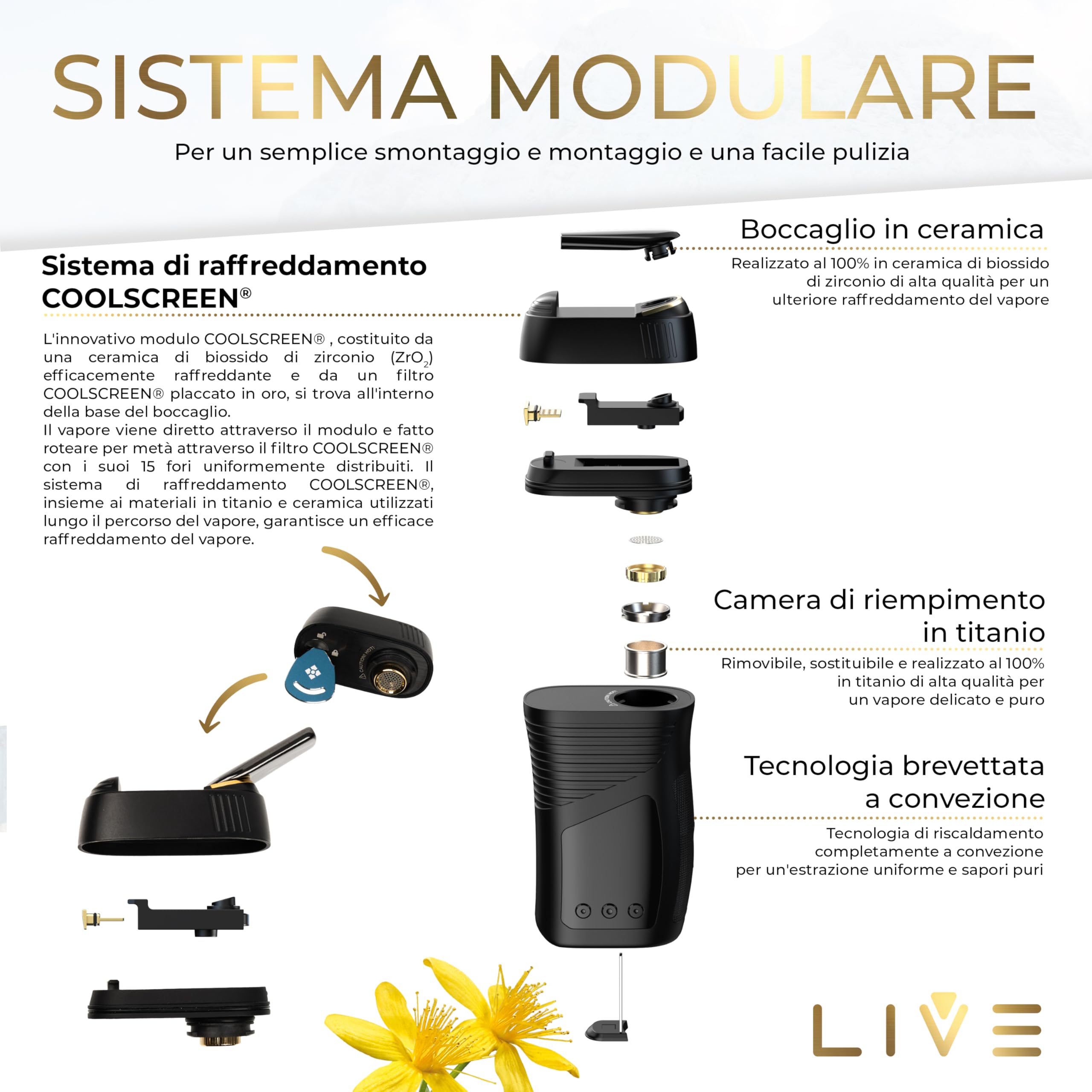 WOLKENKRAFT LIVE Vaporizzatore Premium | Elemento riscaldante ad alte prestazioni con ibrido convezione | Sistema di raffreddamento COOLSCREEN | Materiali di alta qualità | Temperatura 40-220 °C