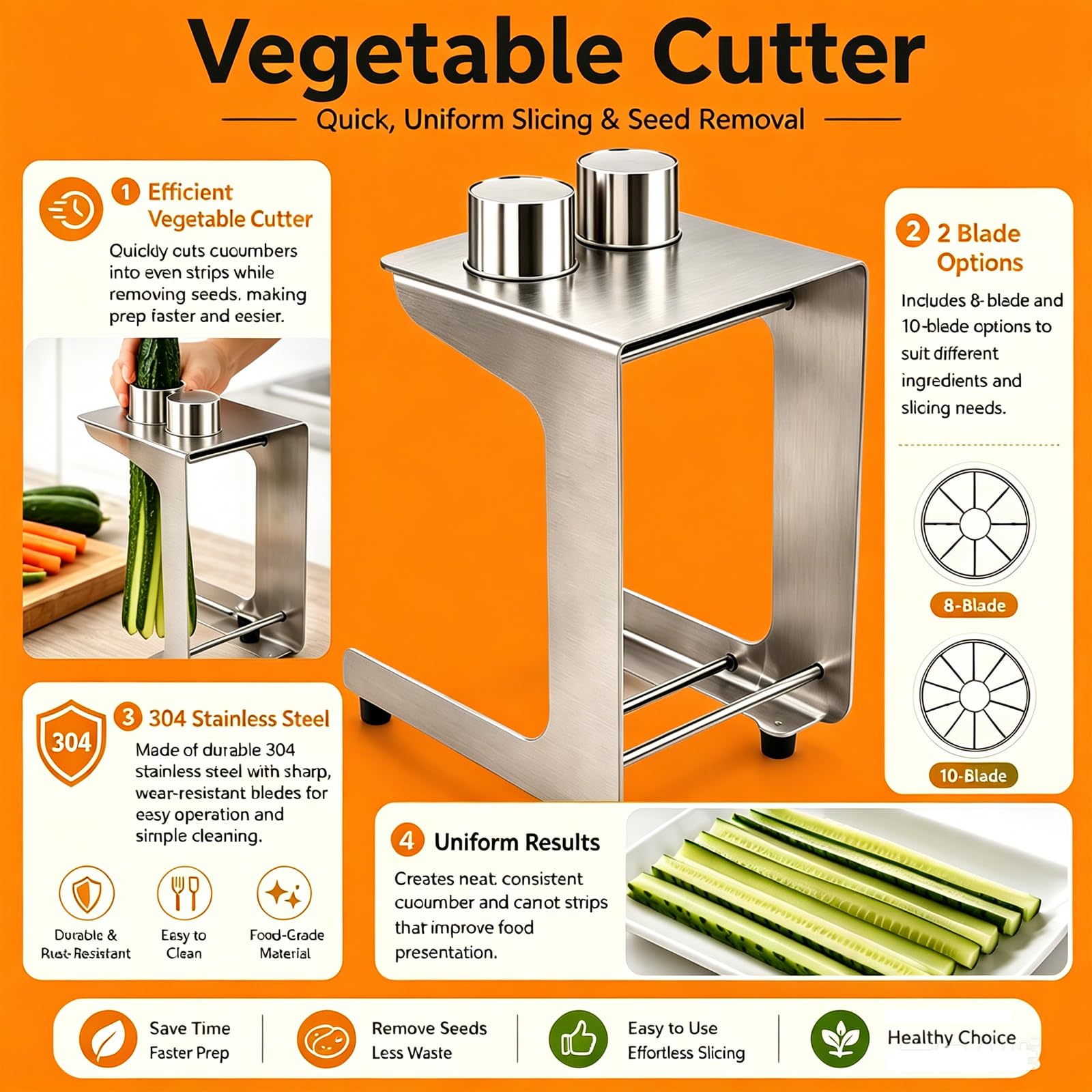 Coupe-concombre, trancheuse à légumes en acier inoxydable, outil manuel avec 10 + 12 lames, diamètre de coupe de 45 mm pour salade, sushis, kimbap et plats de préparation