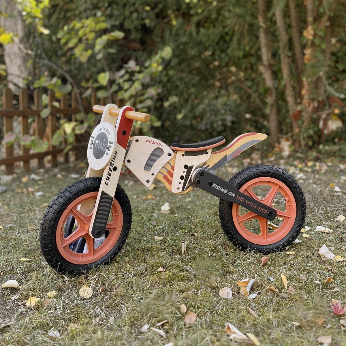 WILDNINS side bike Bicicletta senza pedali in Legno per bambini +3 anni con sella regolabile Moto bilanciamento bambini con ruote da 12"