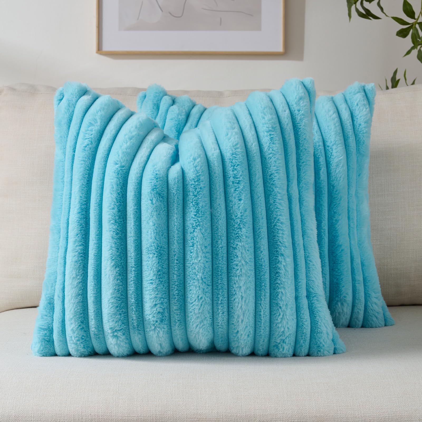 FUTEI Set of 2 Fluffy Faux Fur 40x40 cm Cushion Covers Double Sided Soft Plush Striped Textured Scatter Pillow Covers 40 x 40 cm Modern Accent for Sofa Bed Living Room, Sky Blue