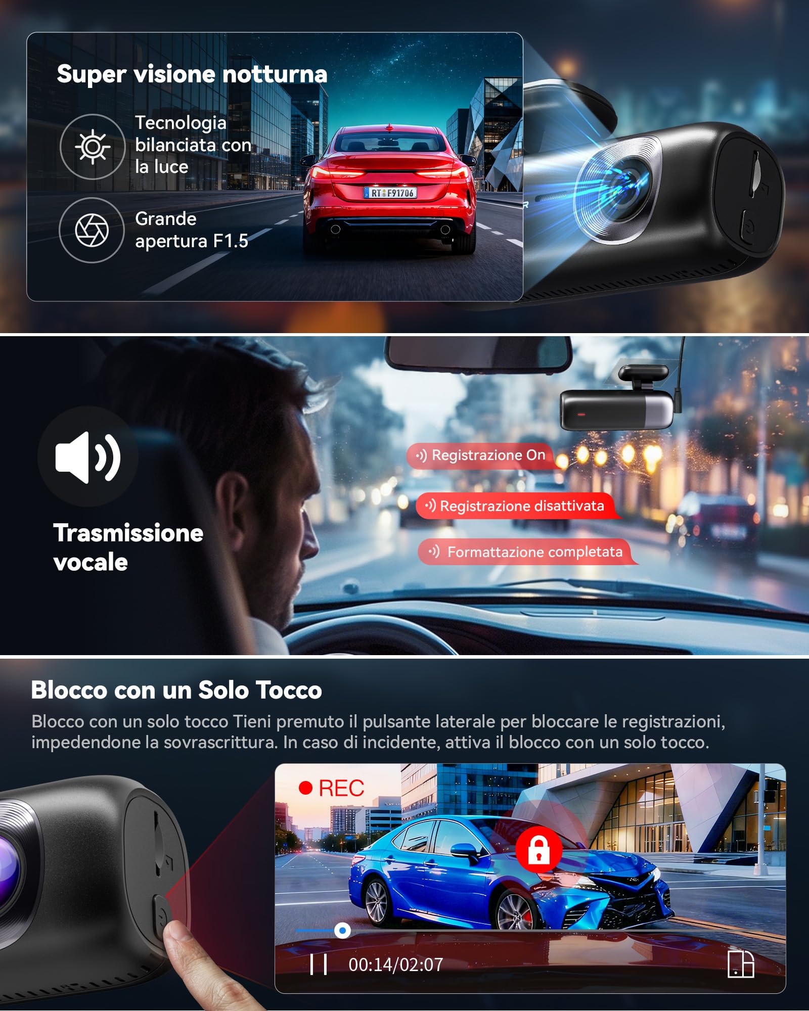 REDTIGER Dash Cam Auto 4K + 1080P, Anteriore e Posteriore, Dashcam Auto con WiFi e GPS, Registrazione in Loop, Modalità Parcheggio, Controllo APP,Supporto Massimo 256 GB(F9)