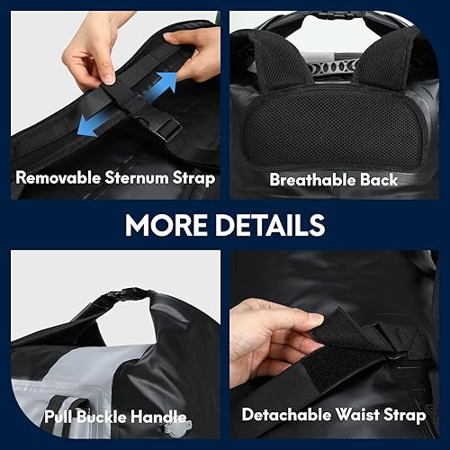 Miniatura 3 de Haimont Mochila impermeable Roll Top Dry Bag Kayak Dry Mochila IPX7 para exteriores Dry Pack Boating Pesca 60L, NegroGris