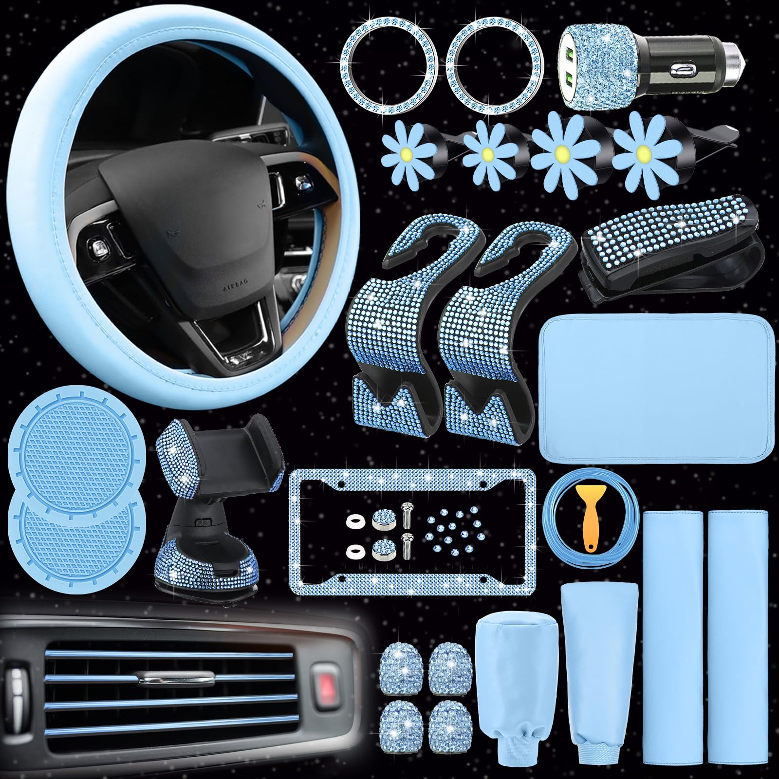 Kit Acessórios Carro Feminino 33 Peças - Volante Strass E Decoração Brilhante