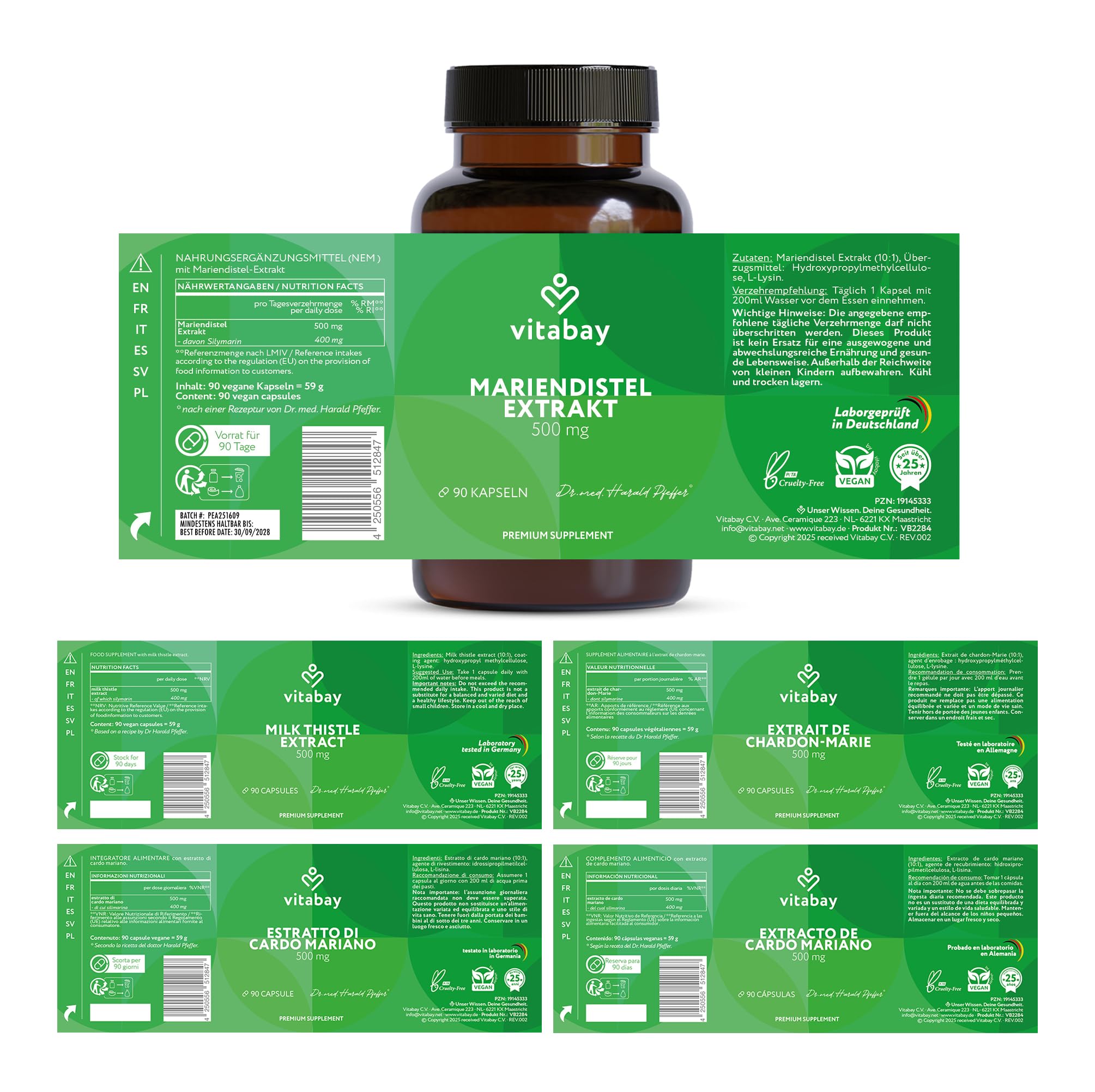 Vitabay Mariendistel Extrakt – 500 mg, 270 vegane Kapseln