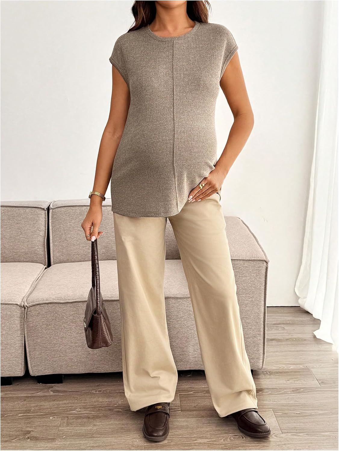 MakeMeChic Women's Maternity Clothes Crewneck Cap Sleeve Ribbed Pregnancy Casual T Shirt