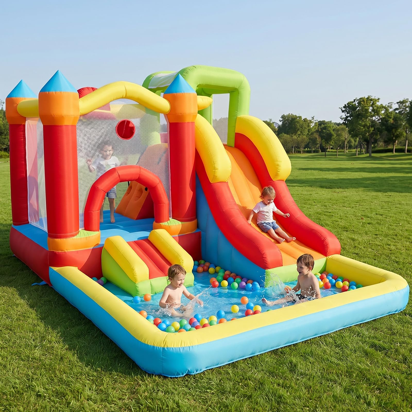 Casa de rebote con hoyo de bolas, castillo hinchable 7 en 1 con soplador, pared de escalada, tobogán y aro de baloncesto para patio trasero, patio de juegos para niños pequeños de 3 a 10 años de edad