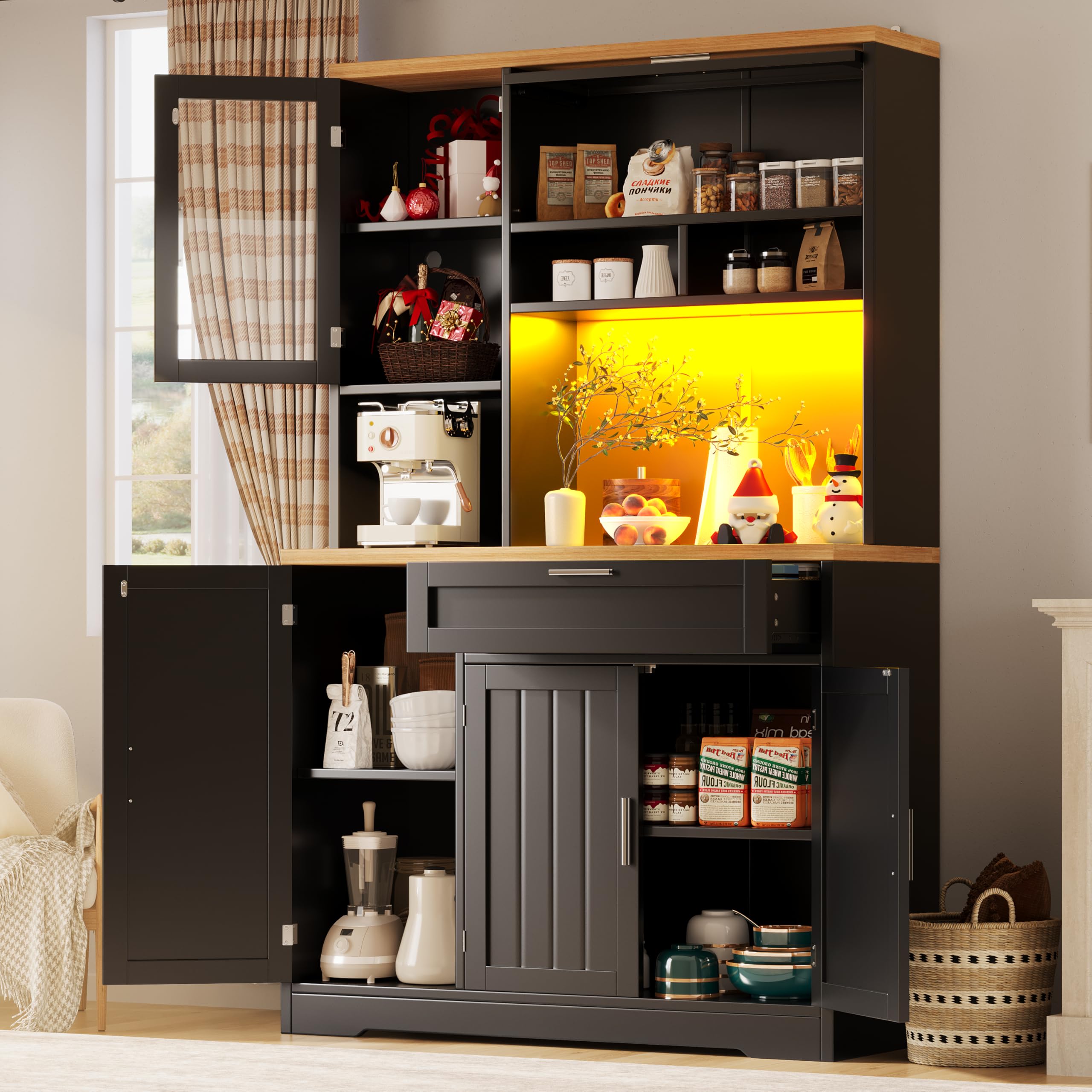 Kebnor Küchenschrank, Hochschrank/Vitrine mit LED-Beleuchtung, 104x40x180 cm, für Küche & Wohnzimmer (weiß)