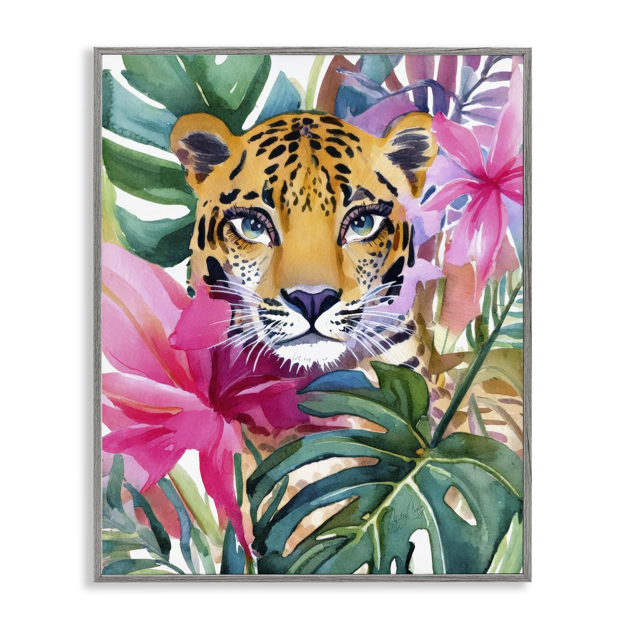 Stupell Industries Farmhouse Gray (Textured) Tropical Tiger Peeking Floral Jungle, 16 X 20 Inch Framed Giclée Print