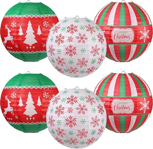 Blulu Juego de 6 linternas de papel colgantes de Navidad, lámparas rojas, verdes y blancas, faroles de papel para decoración de fiesta de Navidad,