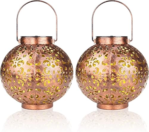 Paquete de 2 faroles solares para exteriores, impermeables, colgantes, faroles solares de jardín retro de color blanco cálido, farol de metal hueco,
