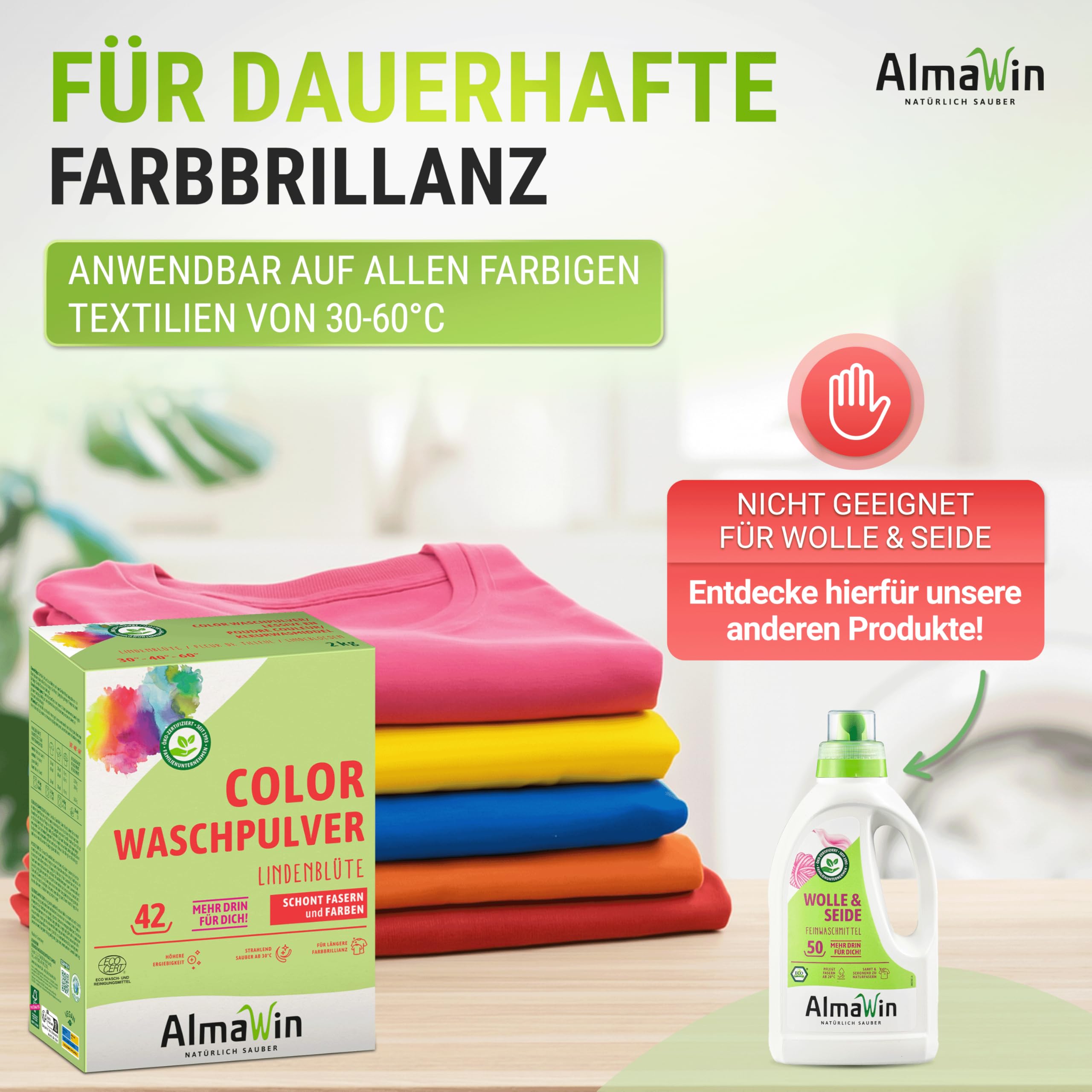 AlmaWin Color Lessive en poudre Fleur de tilleul 2 kg, 42 lavages, végétalien