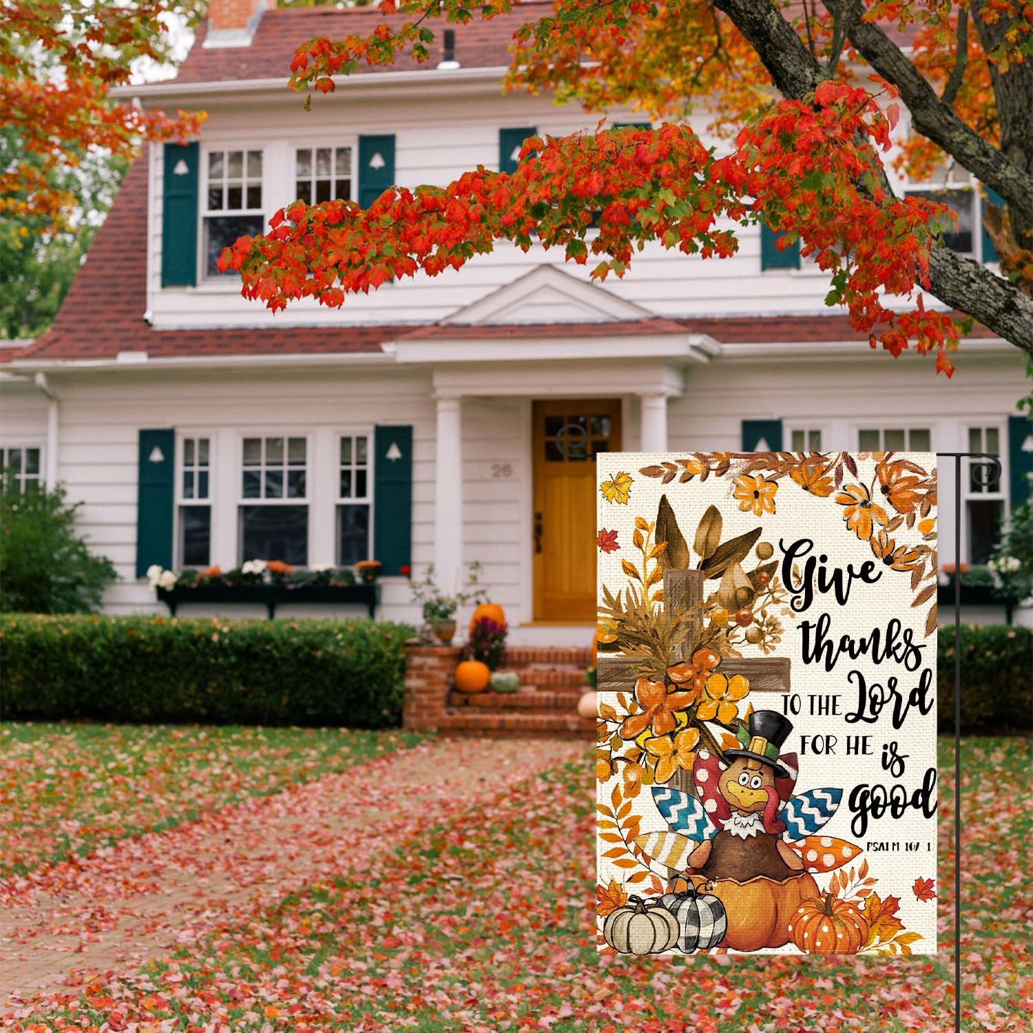 AVOIN colorlife Give Thanks Fall Thanksgiving Garden Flag 12x18 Inch Double Sided Outside, Turkey Cross Pumpkin Yard Outdoor Decorative Flag - Image 4