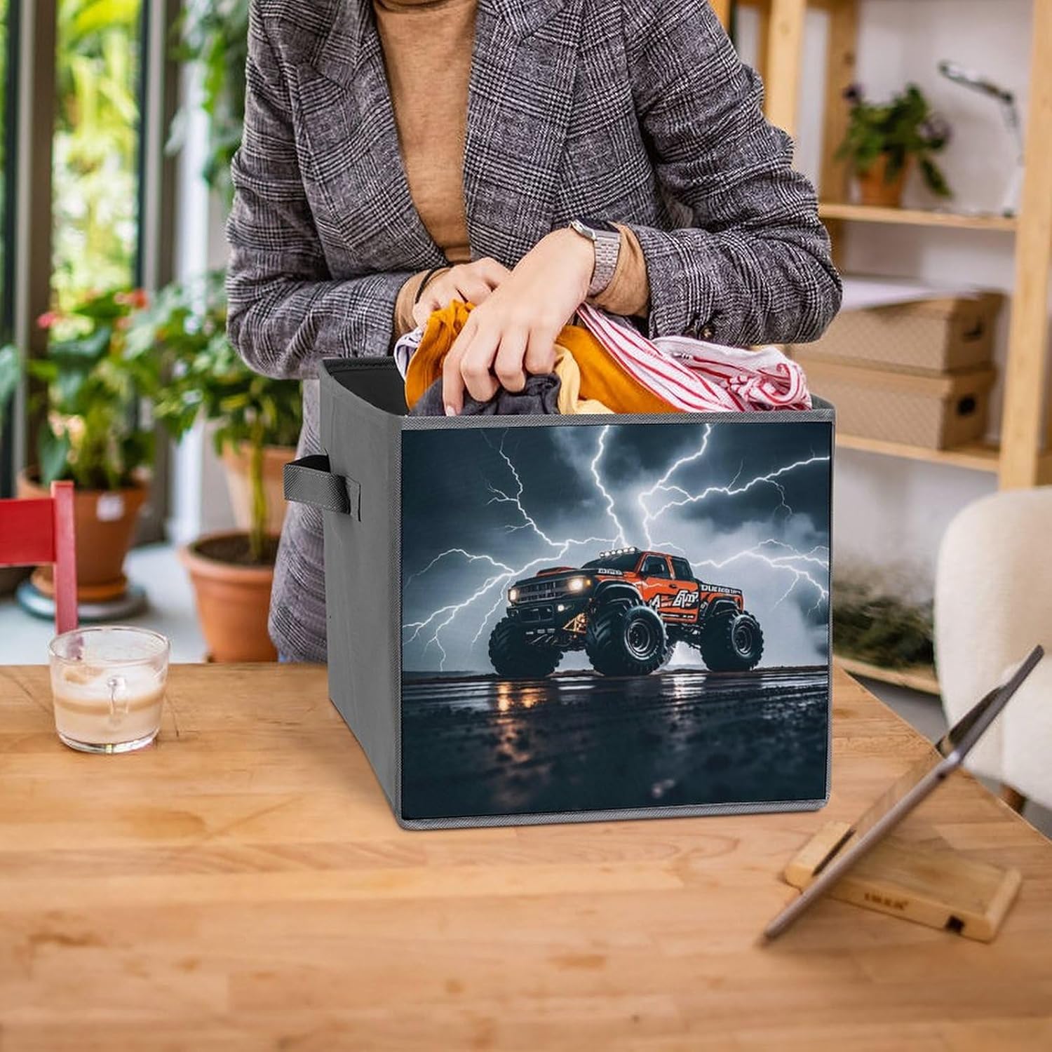 Monster Truck Black Sky Lightning Roar Foldable Storage Box with Handles, Durable Oxford Storage Cubes, 2PCS Collapsible Closet Organizer for Home, Shelf, Office, Travel