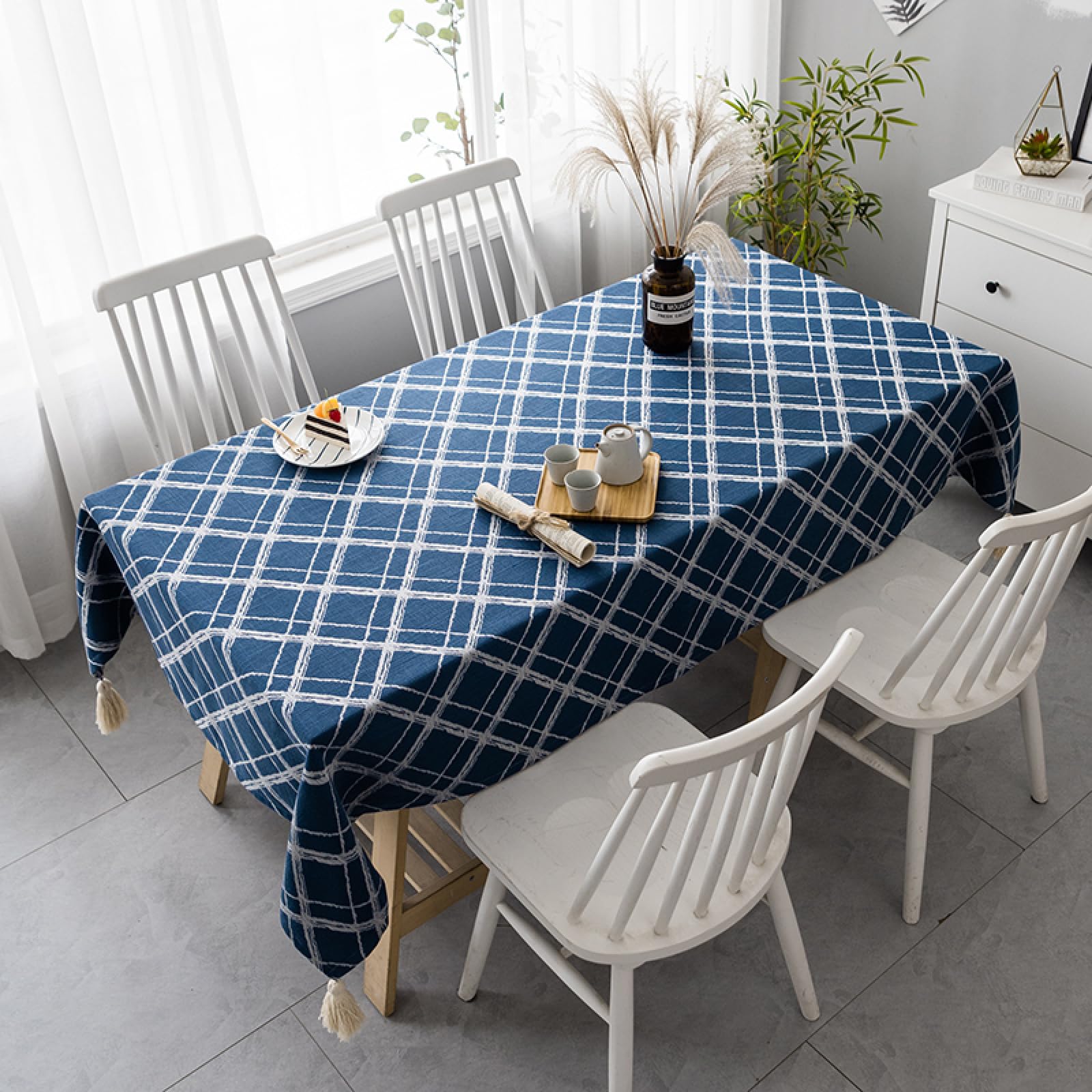 Nappe cuisine imperméable coton lin bleu profond 90x90cm pour table carrée de jardin et intérieur