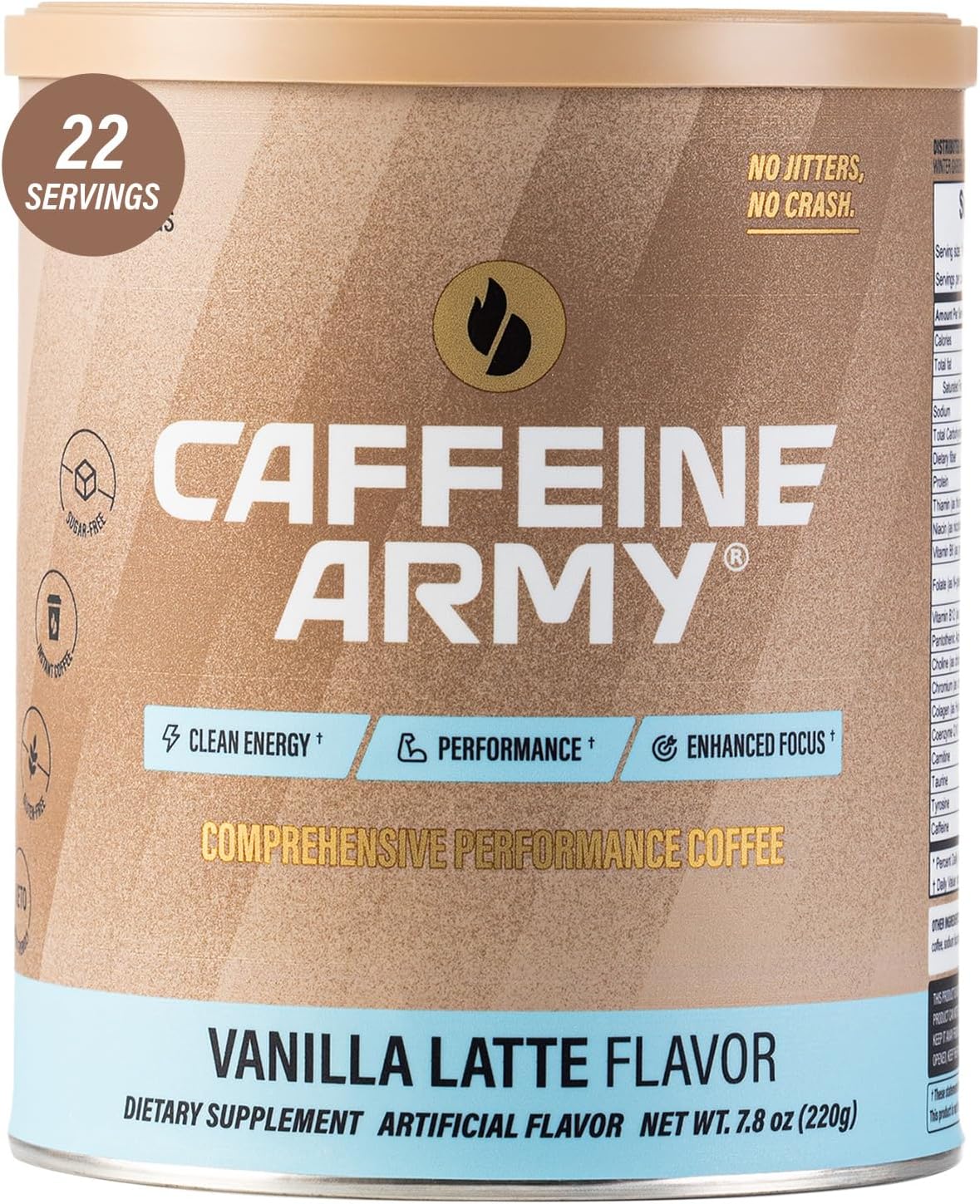 CAFFEINE ARMY Vanilla Latte | Functional Coffee with Collagen Peptides, MCTs, CoQ10 and Adaptogens: Clean Energy, Supports Daily Attention, No Jitters or Crash (7.8 oz 22 Servings)
