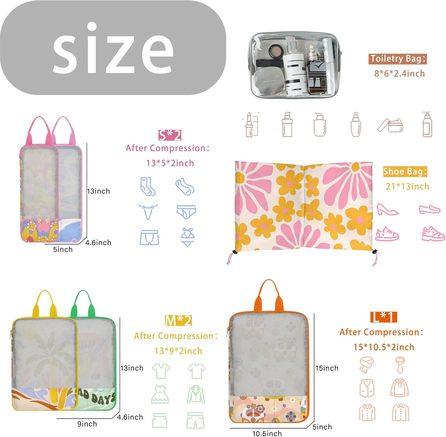 7 Pcs Compression Packing Cubes Travel for Suitcases, Luggage Organizer Washable Storage Bags Set for Backpack Travel- Packaging Cubes for Carry-Ons and Storage - Image 3