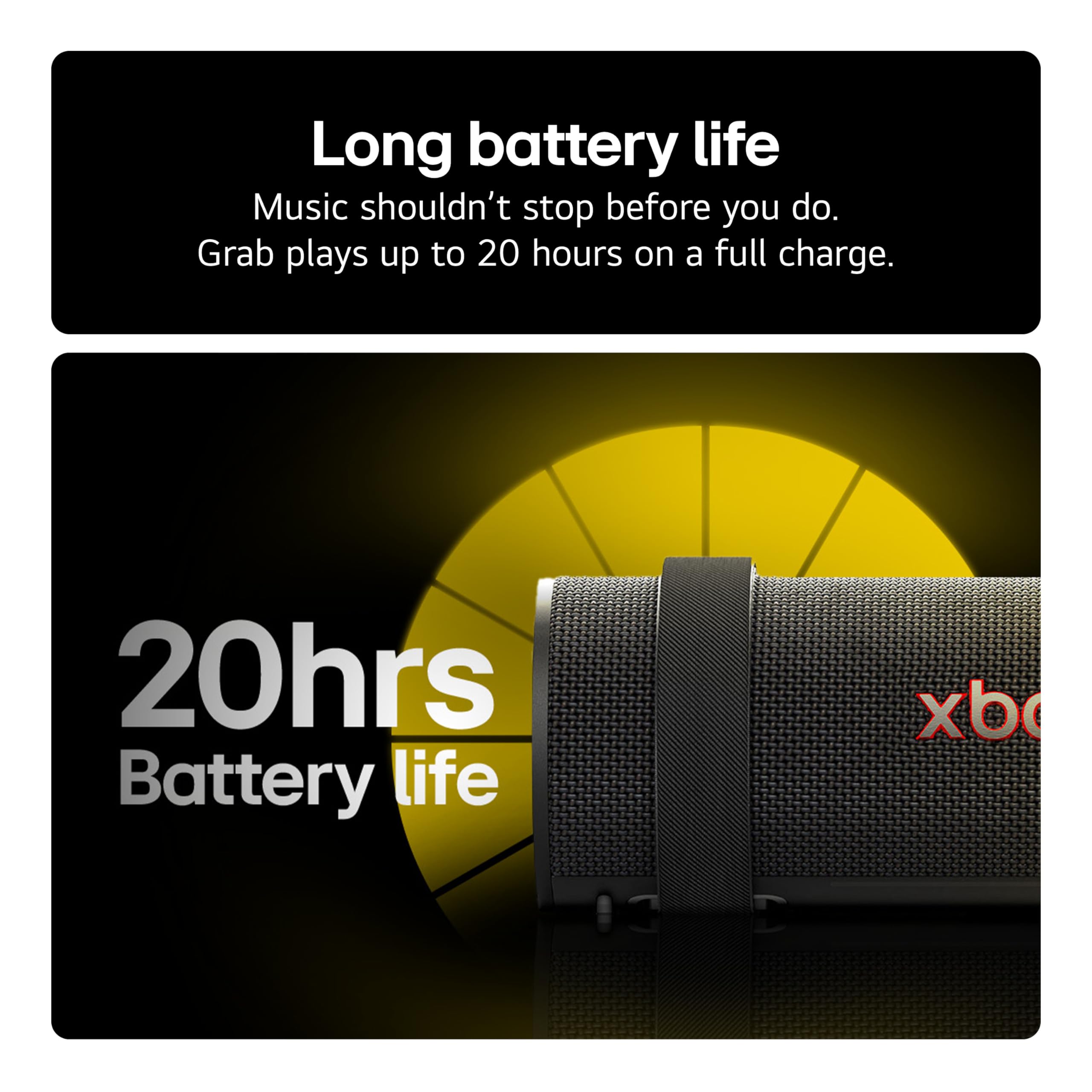 LG xboom Grab by will.i.am, xboom Signature Sound, przenośny głośnik Bluetooth, do 20 godzin odtwarzania, odporność na kurz i wodę IP67, trwałość MIL-STD 810H, regulowany pasek do noszenia