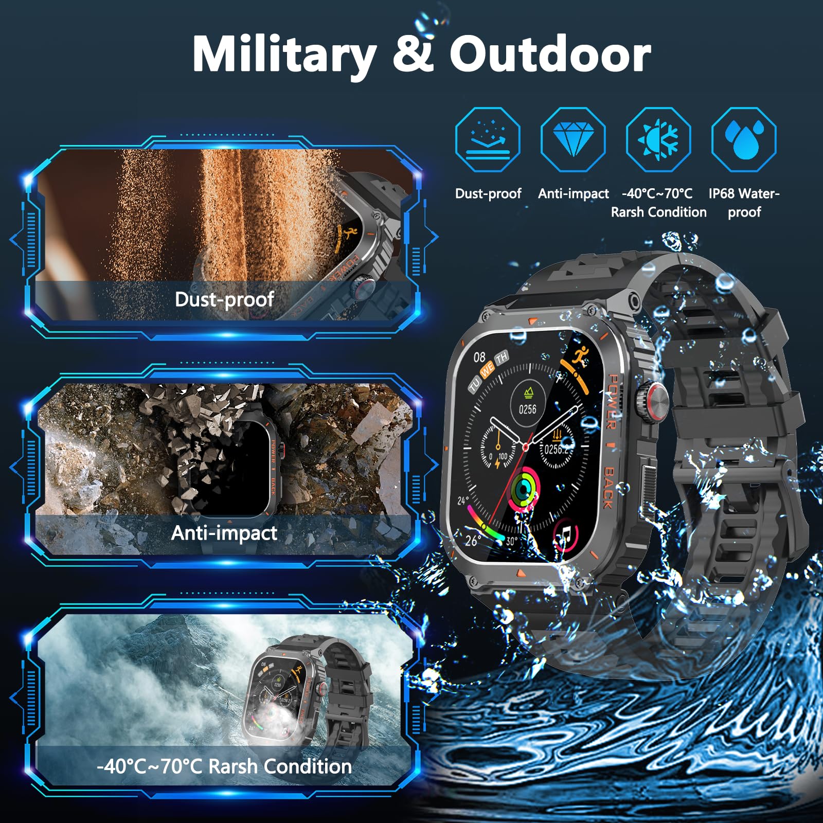 Militär-Smartwatch mit GPS (Annehmen/Tätigen von Anrufen), wasserdichte Fitness-Tracker-Smartwatches mit Gesundheitsmonitor, Kompass/Höhe/Luftdruck, über 100 Sportmodi, für Android/iPhone (mit GPS,