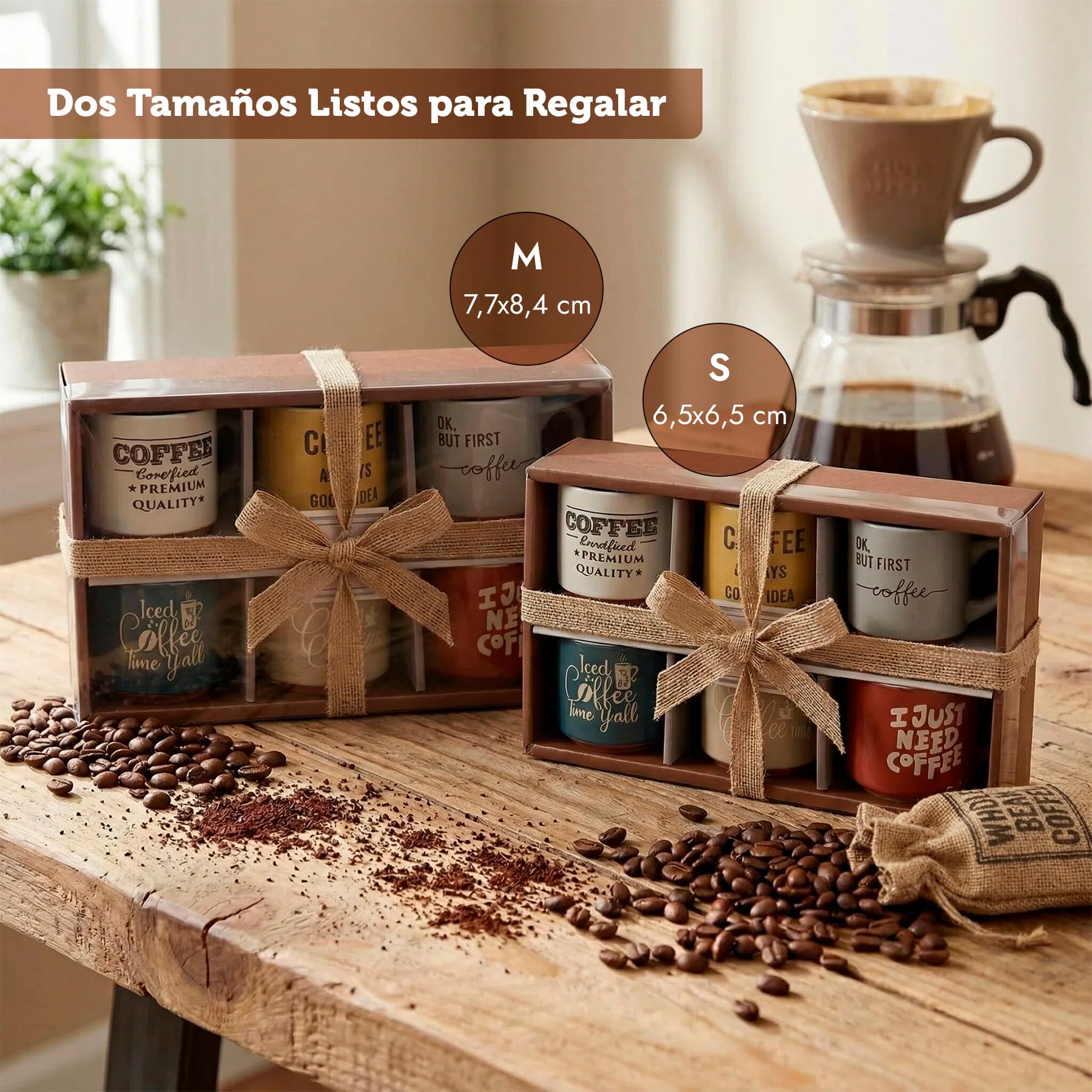 Set de 6 Tazas de Café de Cerámica con Frases Divertidas – Tazas Apilables para Espresso, Café con Leche o Americano – Aptas para Microondas y Lavavajillas – Caja Regalo con 6 x (Lungo / Con Leche) - 5