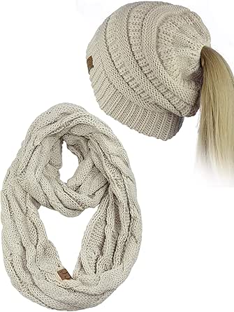 Peach Couture Crochet Beanie & Faux Fur Infinity Scarf Set - Thick Warm Winter Hat With Pom Pom