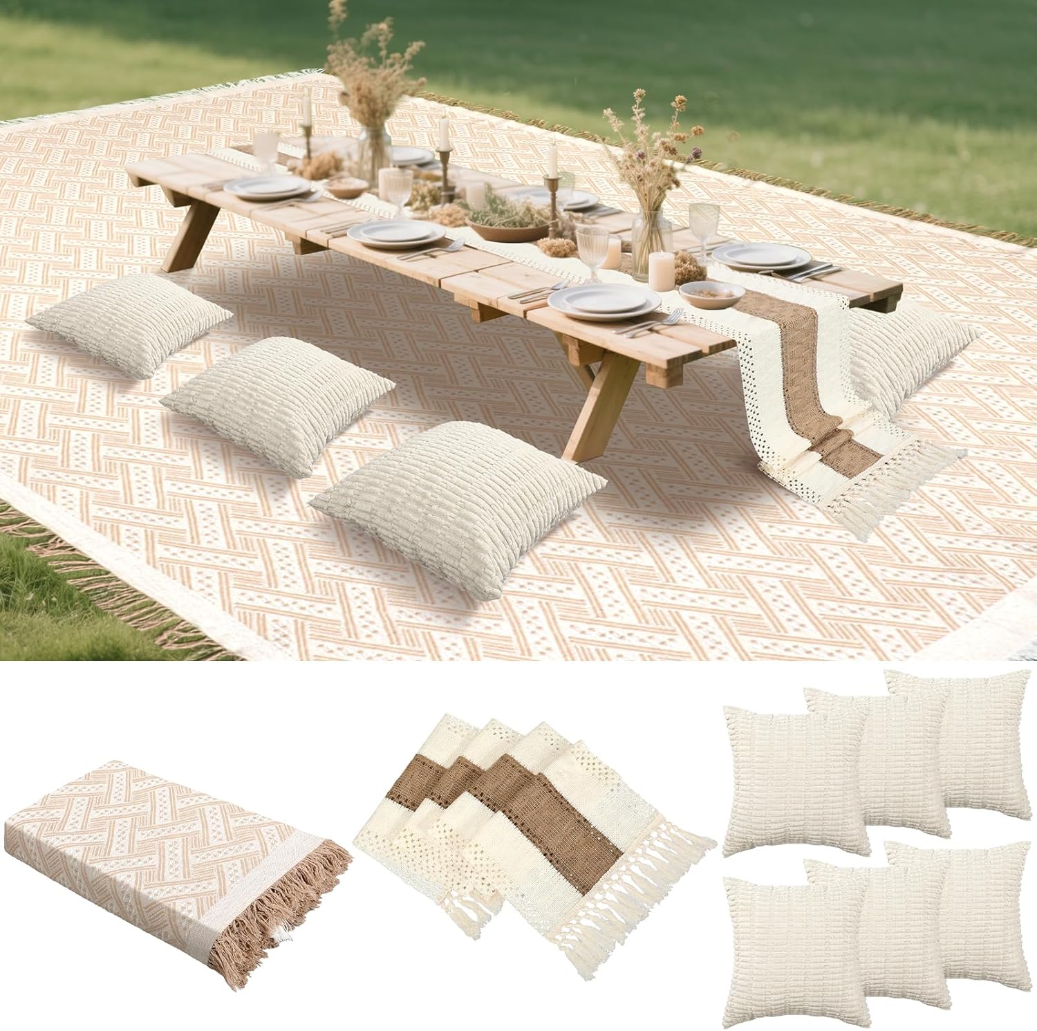 Extra Large Outdoor Boho Picnic Blanket 118'' x 71'' Beige White Table Runner 6 Throw Pillow Cover Woven Cotton Yarn Oversize Beach Blanket Washable for Picnic Camp Wedding