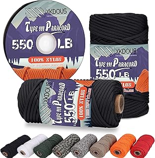 XKDOUS 550 Paracord 120ft Black Parachute Cord, 100% Nylon 7 Strand Inner Core Type III Tactical Paracord Rope, Outside Survival Gear for Bracelets, Lanyards, Handle Wraps, Camping & Hiking