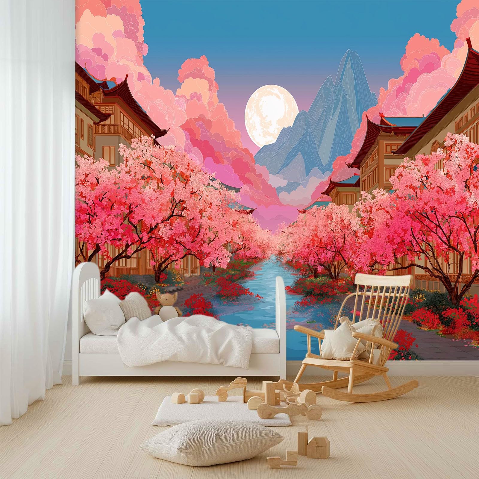 Générique Animowana tapeta panoramiczna kwiaty wiśni flaga górska 3D 250 x 175 cm, włóknina XXL nowoczesna dekoracja ścienna salon sypialnia biuro pokój dziecięcy, niebieska