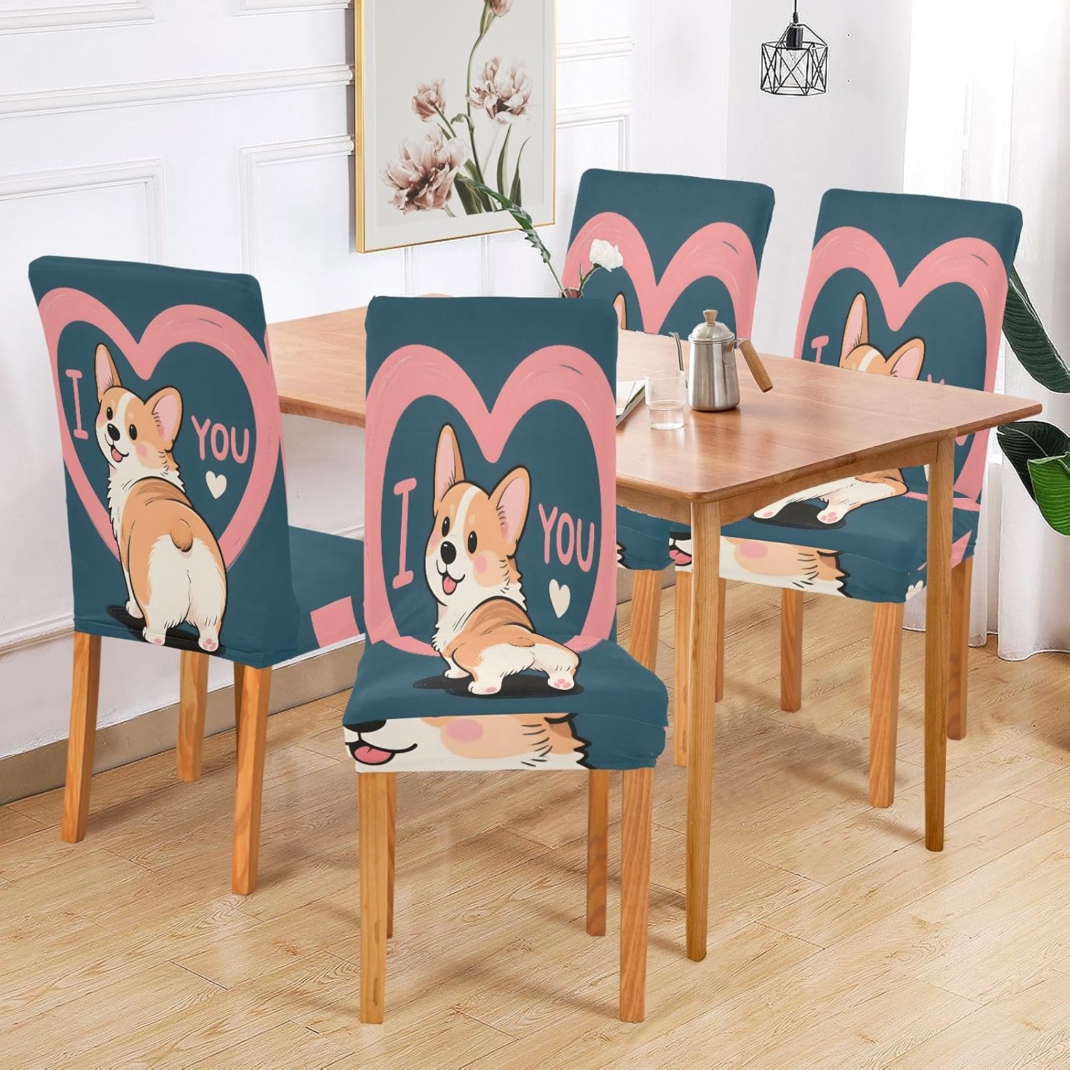 ALAZA Chair Covers for Dining Room, Cute Corgi Pink Heart Stretch Chair Cover Sets Chair Protector Removable Washable for Ktichen Restaurant Hotel